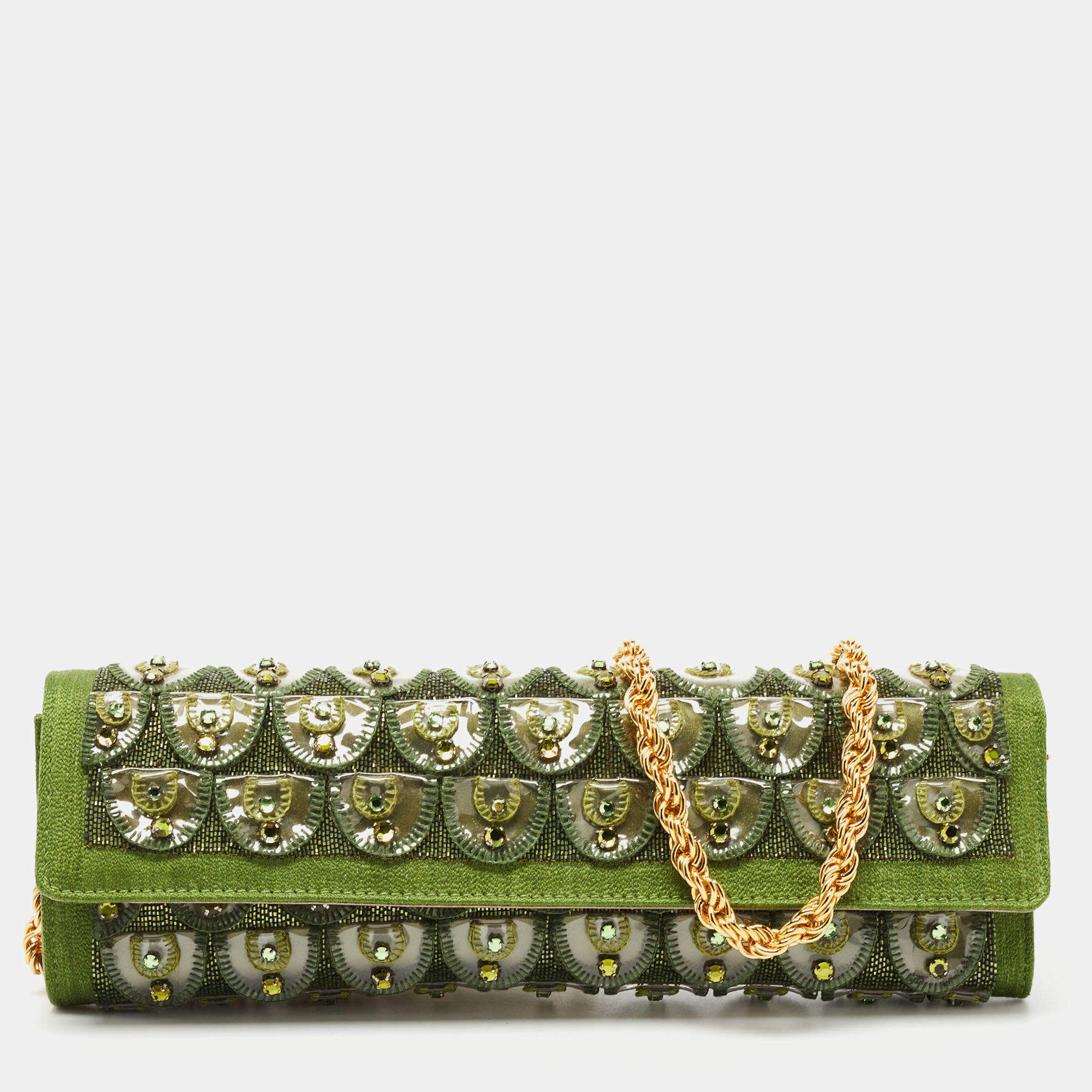 Pre Owned Roberto Cavalli Green Fabric and PVC Embellished Chain Clutch