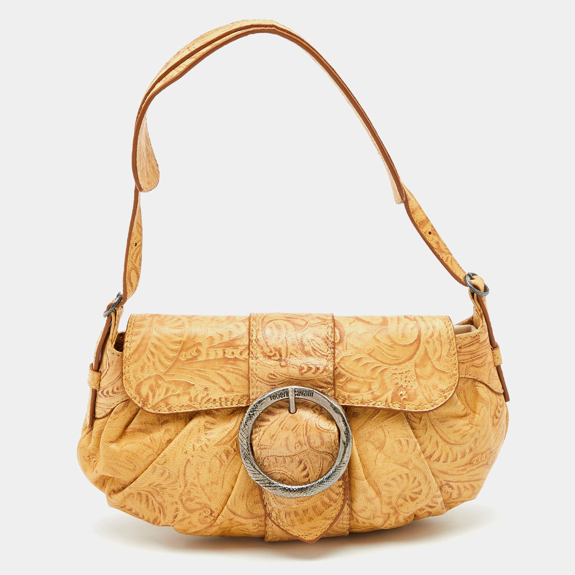 Pre Owned Roberto Cavalli Beige/Brown Floral Embossed Leather Baguette