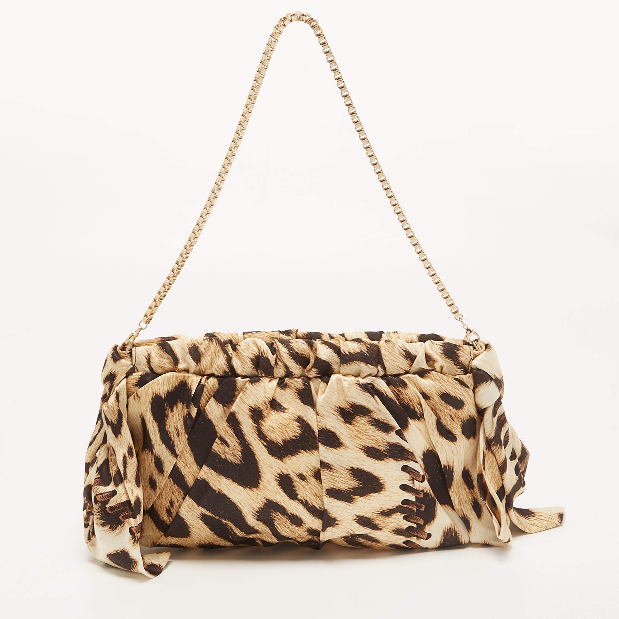 Pre Owned Roberto Cavalli Beige/Black Leopard Print Satin Clutch 