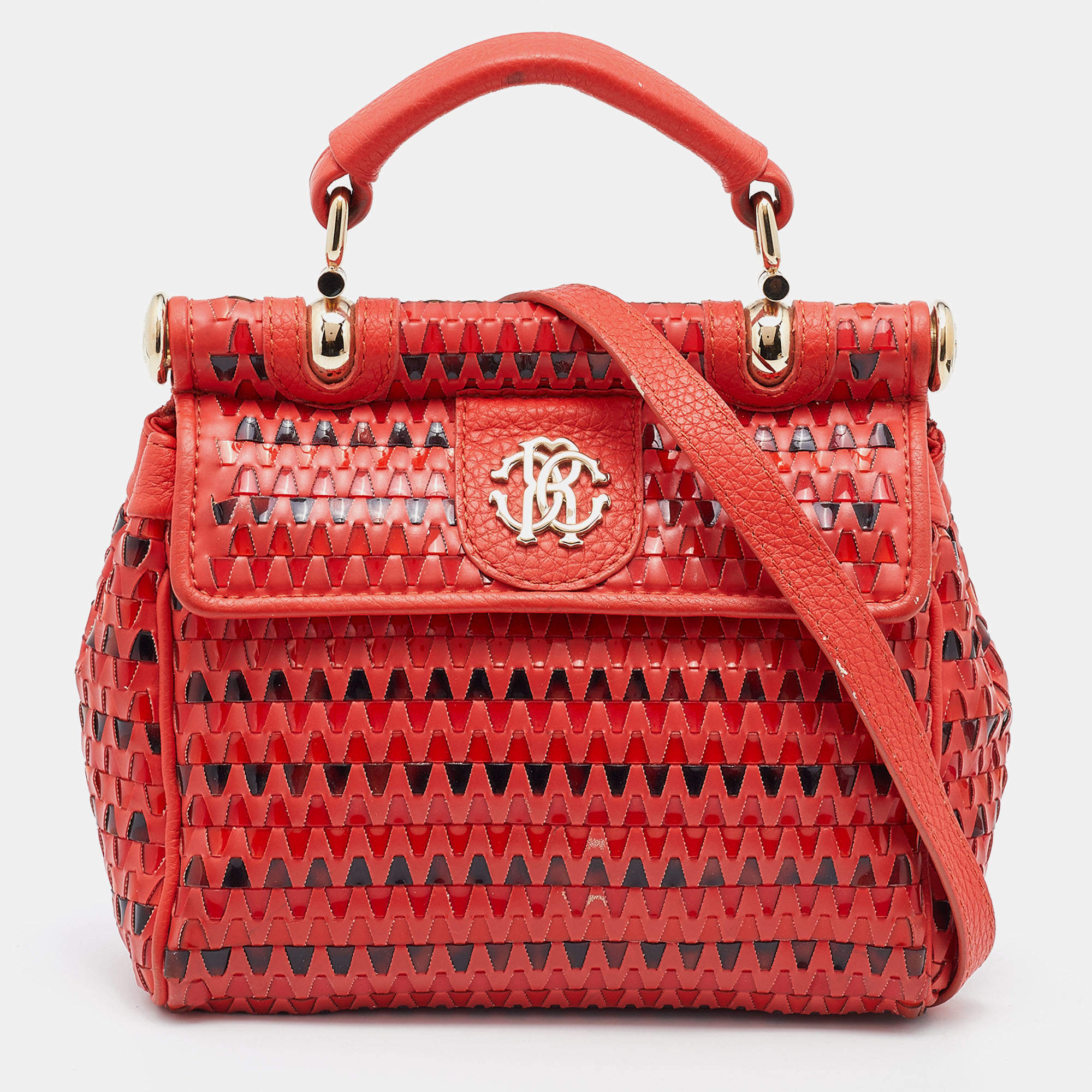 Pre Owned Roberto Cavalli Orange Leather and Patent Top Handle Bag