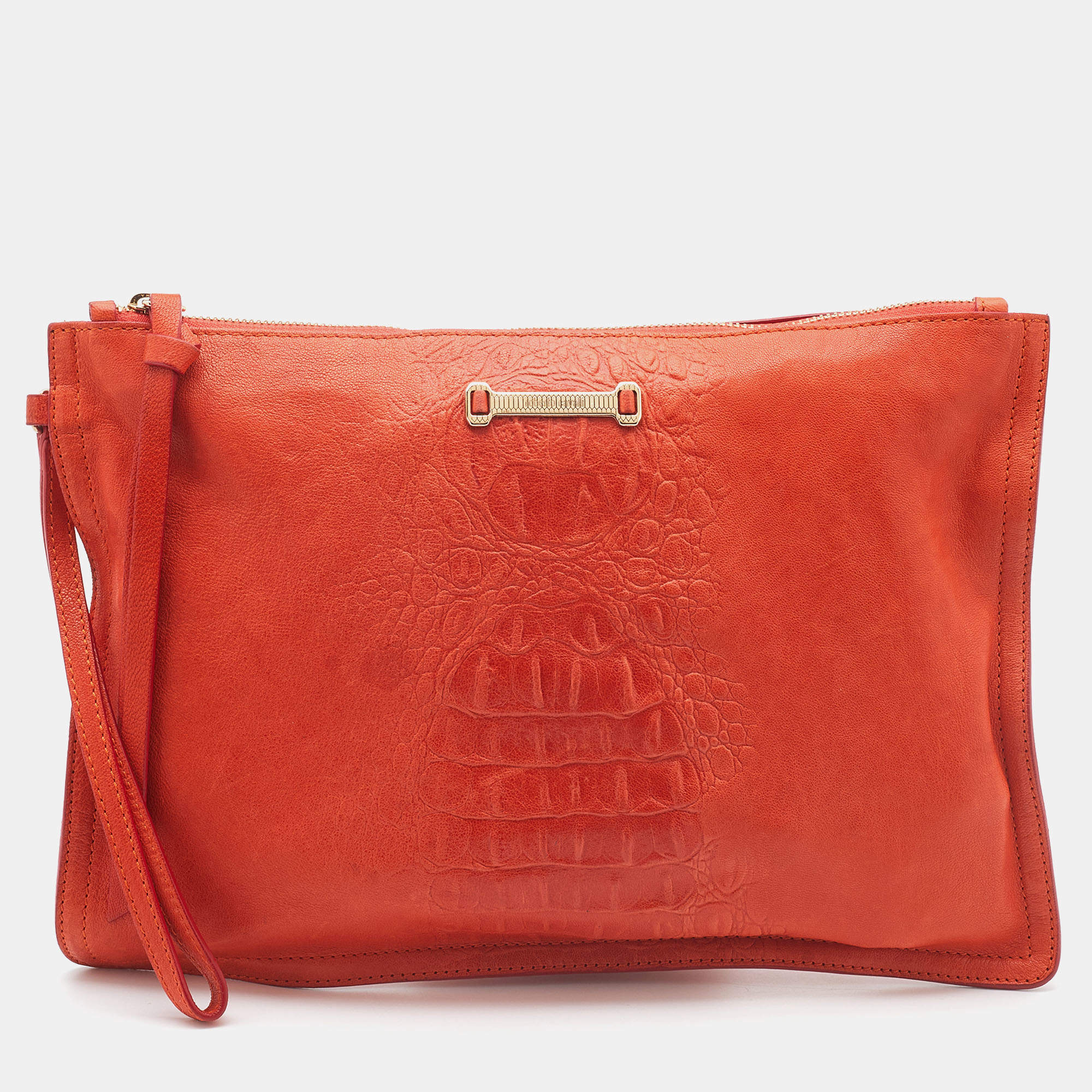 Pre Owned Roberto Cavalli Orange Leather Zip Wristlet Pouch
