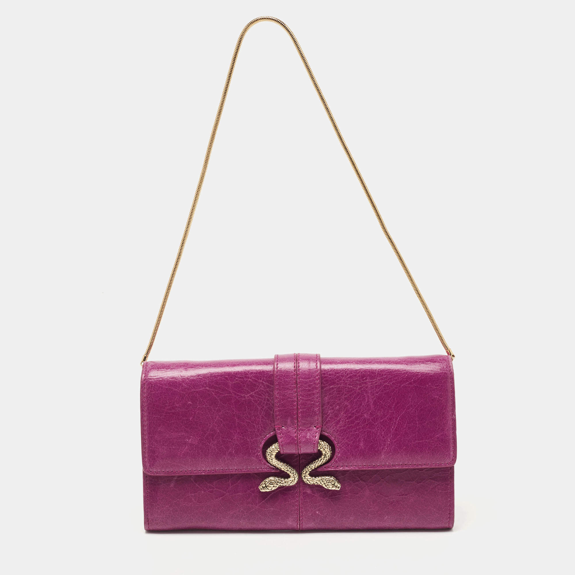 Pre Owned Roberto Cavalli Purple Leather Double Snake Flap Continental Wallet