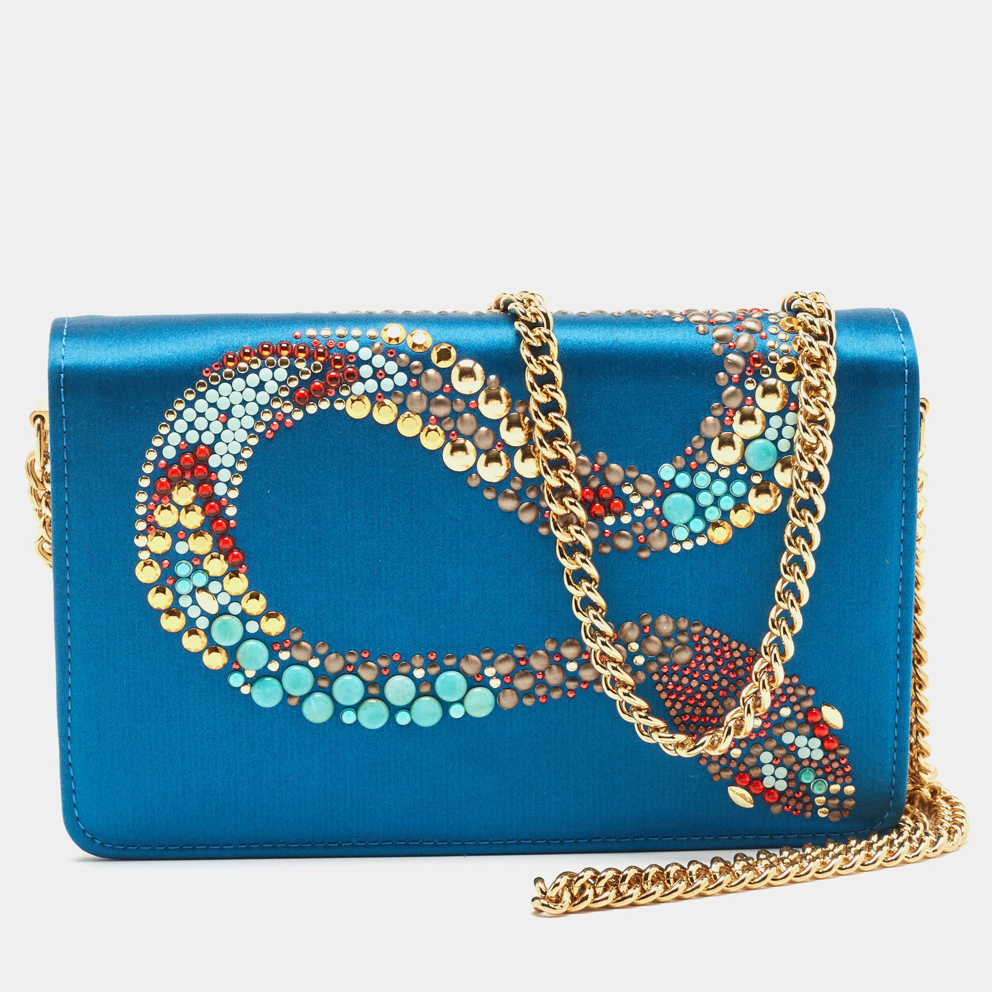 Pre Owned Roberto Cavalli Blue Satin and Leather Embellished Chain Clutch