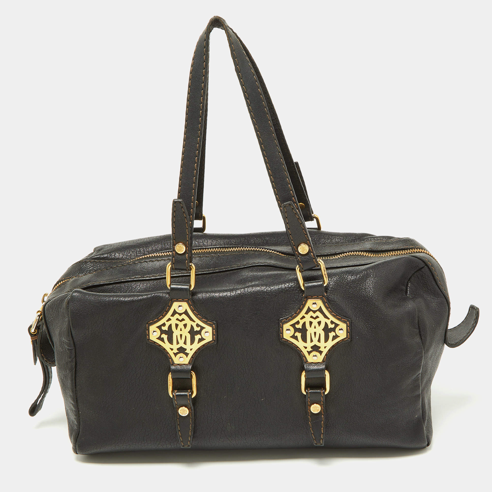 Roberto Cavalli Black Leather Zip Detail Duffle Bag