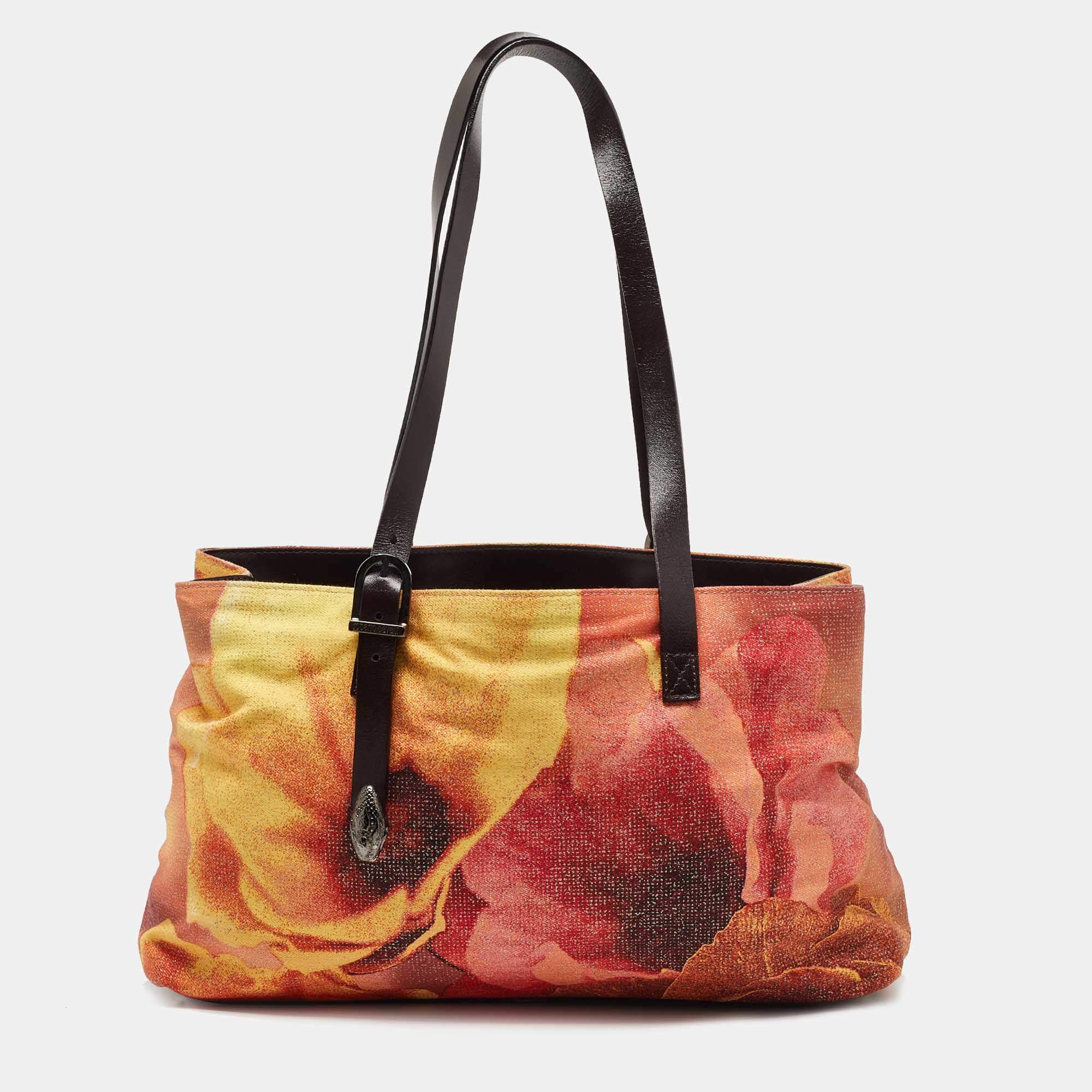 Roberto Cavalli Multicolor Floral Print Shimmer Fabric and Leather Tote