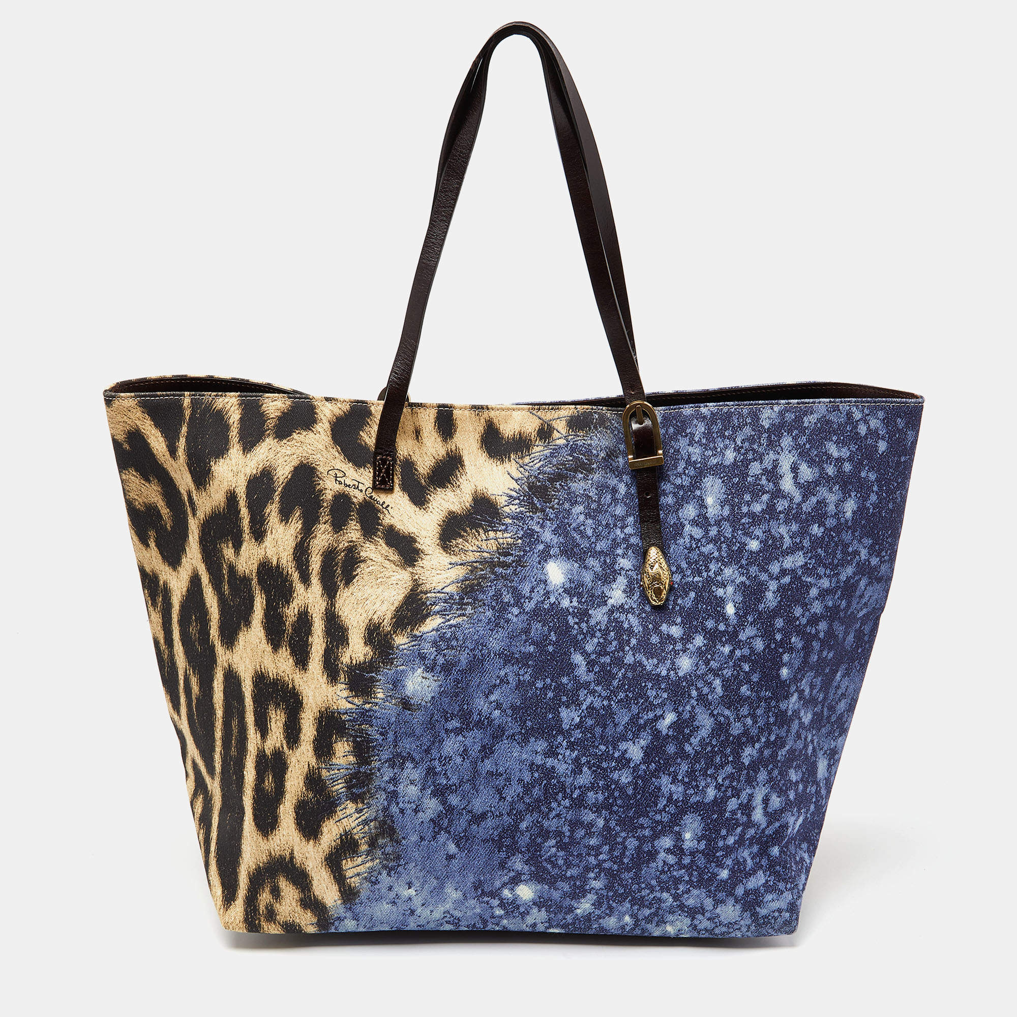 Roberto Cavalli Multicolor Leopard Print Canvas and Leather Shopper Tote