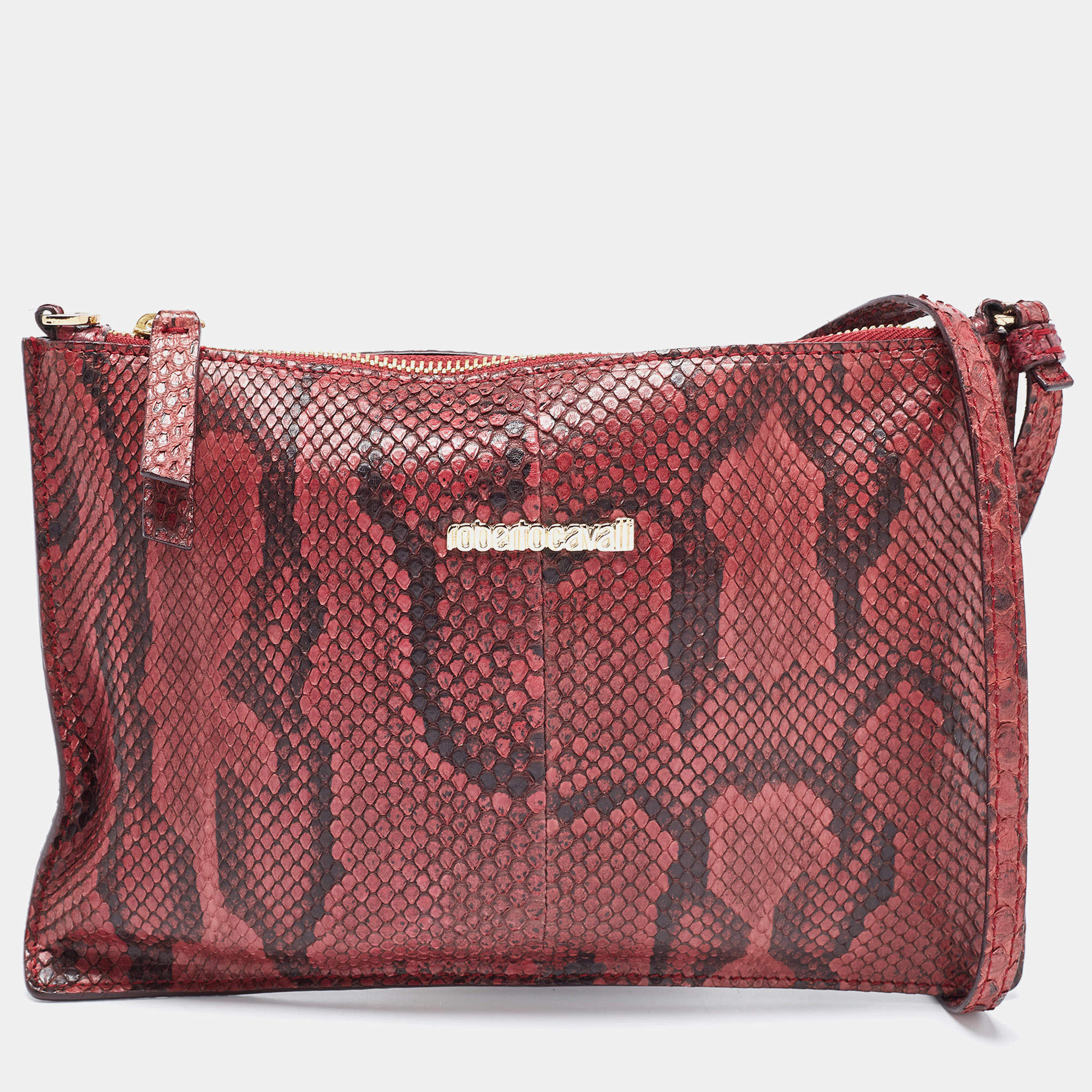 Pre Owned Roberto Cavalli Burgundy Python Flat Clutch Bag