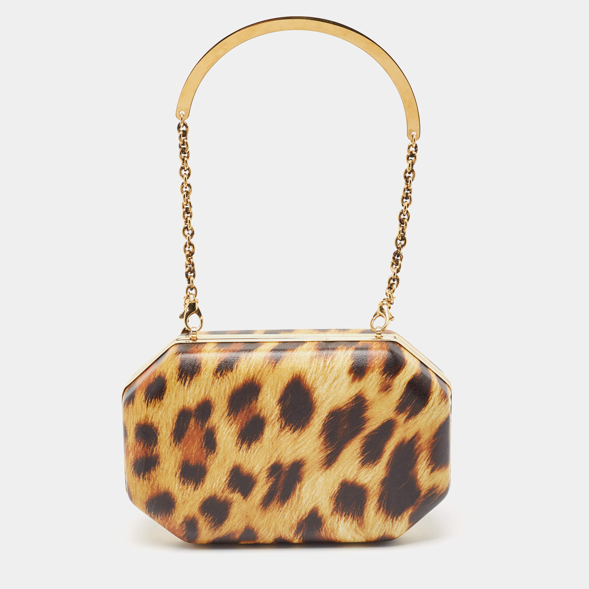 Pre Owned Roberto Cavalli Tan/Brown Leopard Print Leather Box Clutch