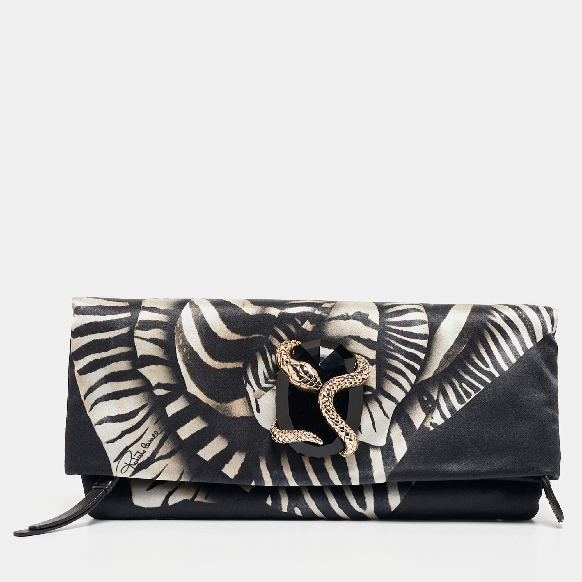 Pre Owned Roberto Cavalli Black Printed Satin Snake Embellished Foldover Clutch