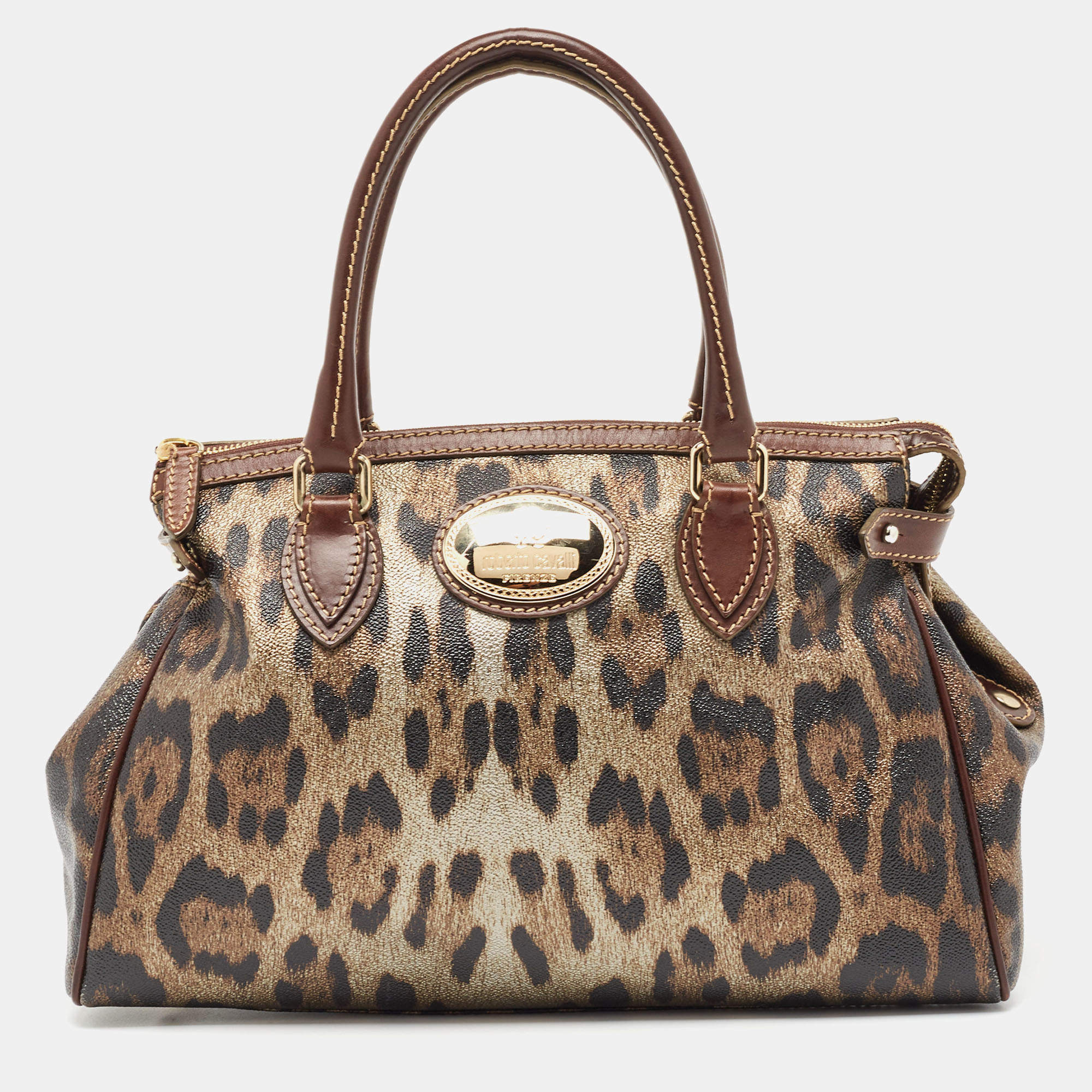 Pre Owned Roberto Cavalli Metallic/Brown Leopard Print Coated Canvas and Leather Zip Tote