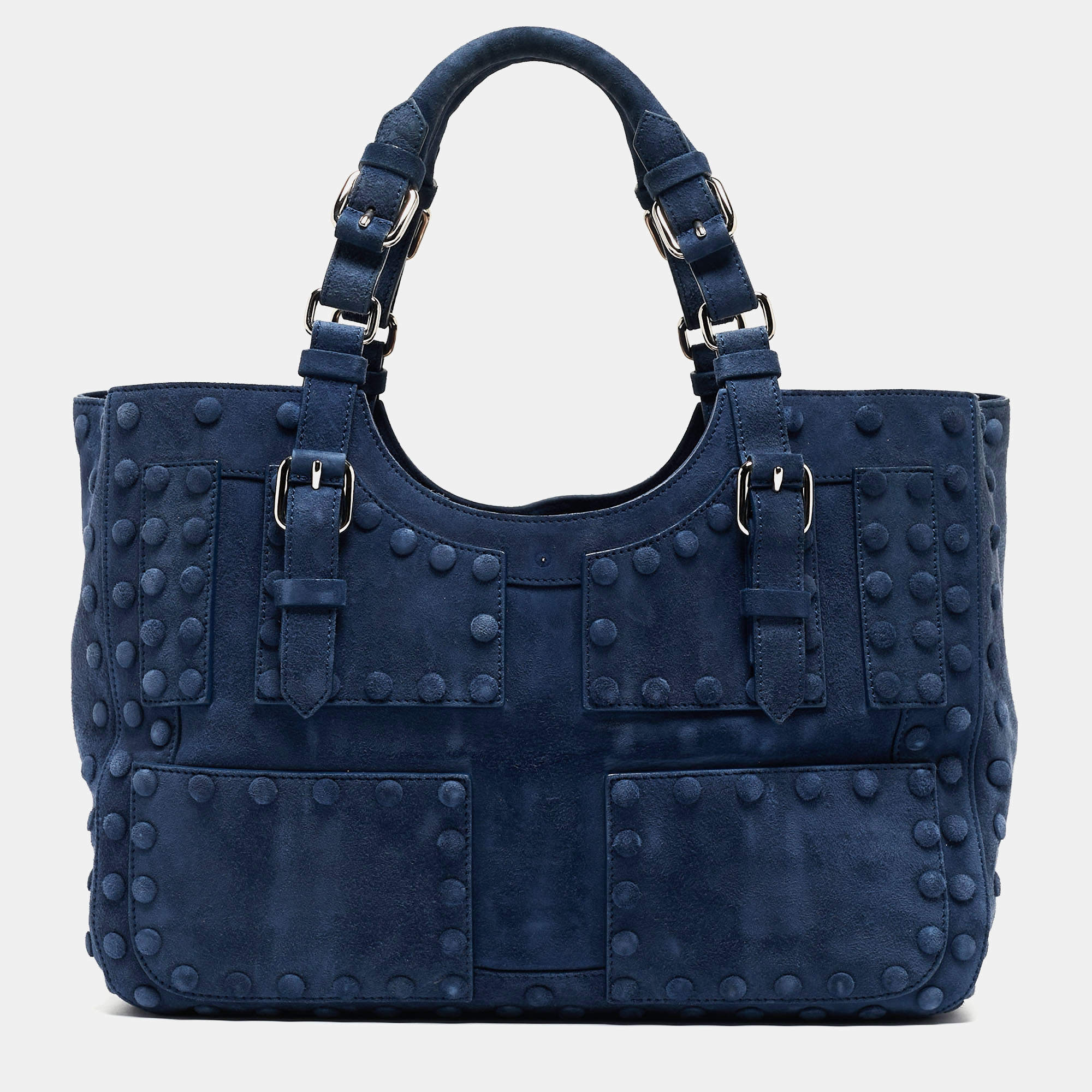 Pre Owned Roberto Cavalli Blue Suede Pebble Studded Tote