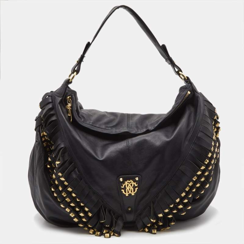Pre Owned Roberto Cavalli Black/Gold Leather Studded Fringe Hobo