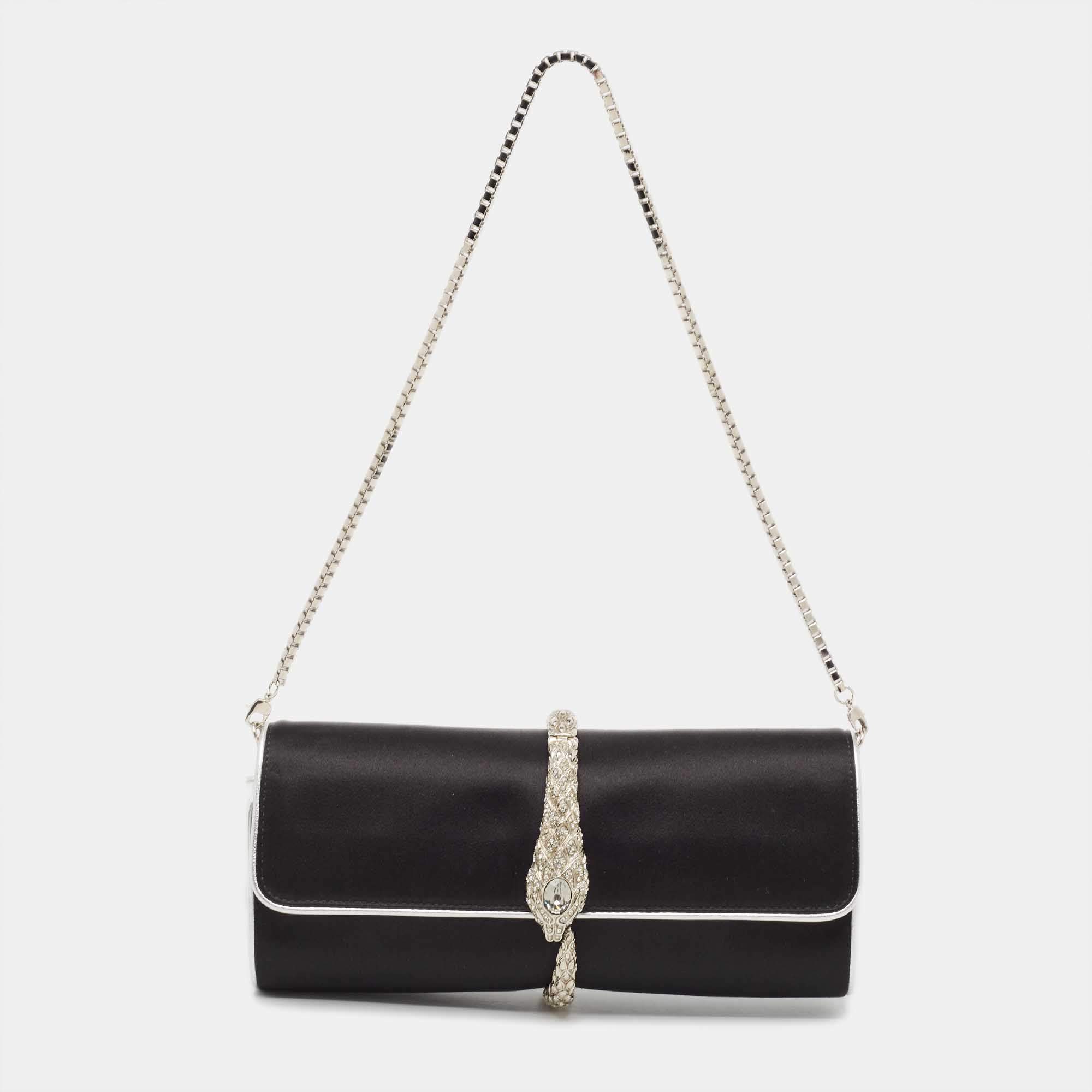Pre Owned Roberto Cavalli Black/Silver Satin and Leather Snake Embellished Chain Clutch