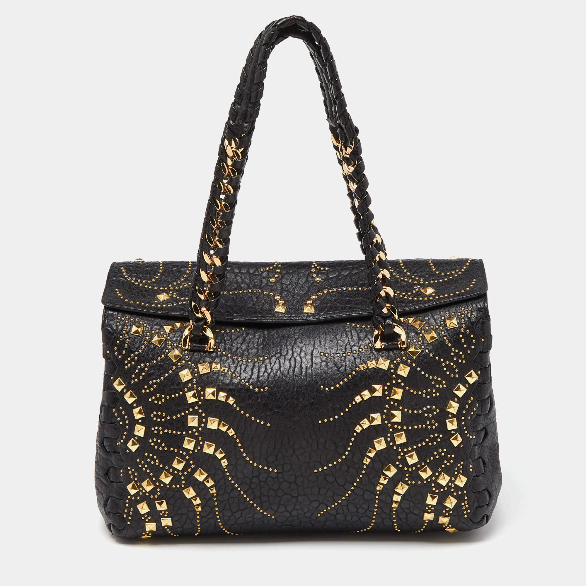 Roberto Cavalli Black Studded Leather Satchel