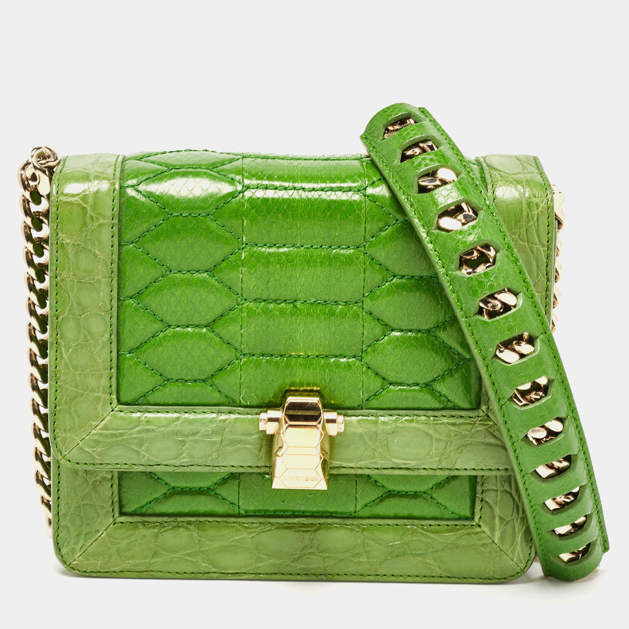 Pre Owned Roberto Cavalli Green Croc and Snakeskin Flap Chain Bag 