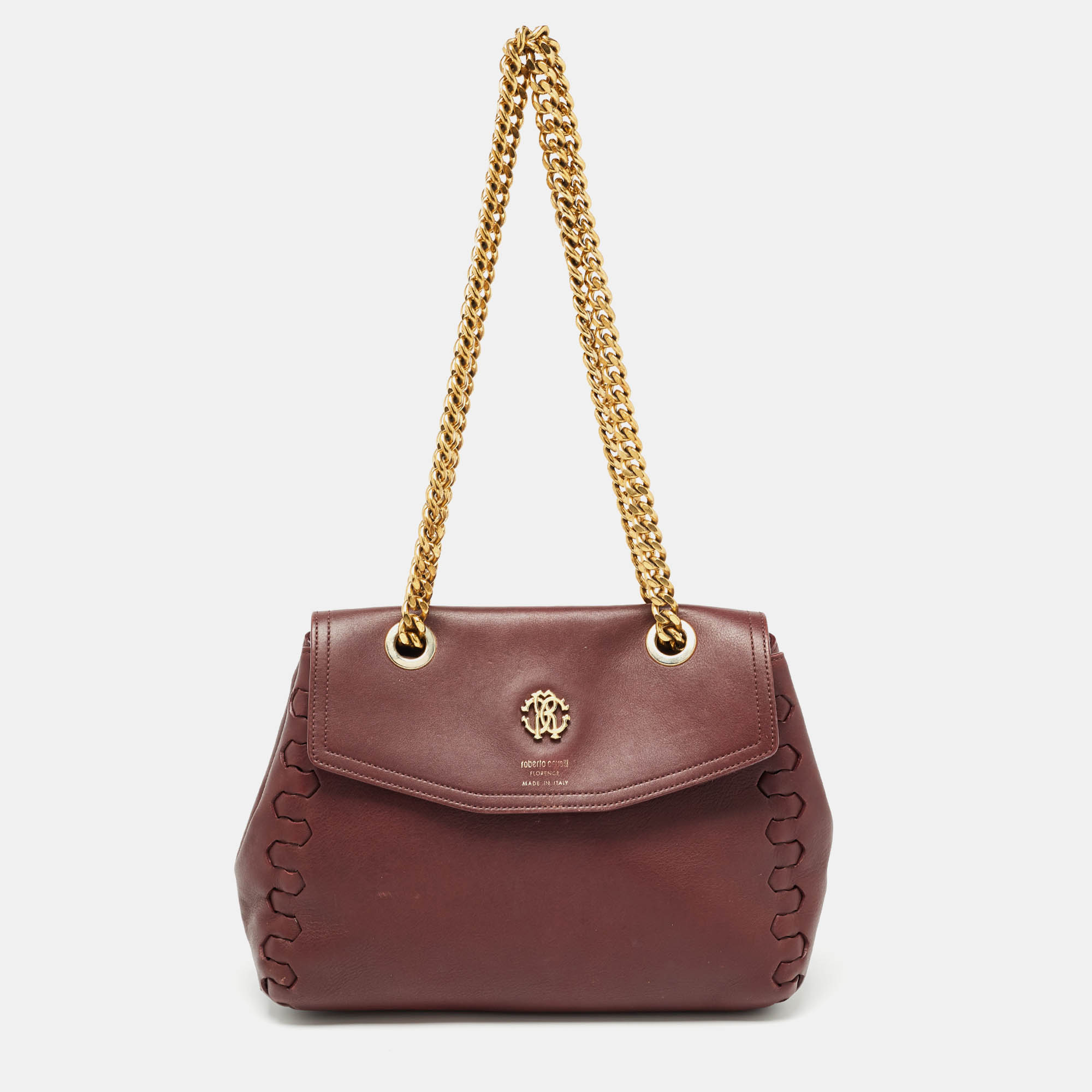 Pre Owned Roberto Cavalli Burgundy Leather Chain Shoulder Bag