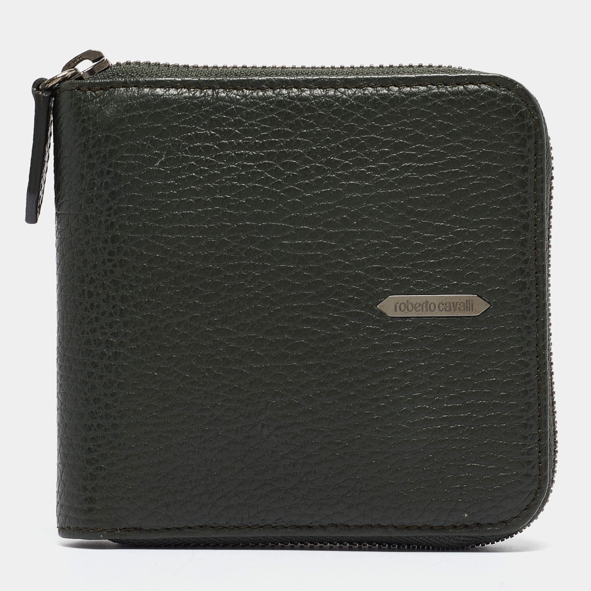 Roberto Cavalli Dark Green Leather Zip Around Wallet