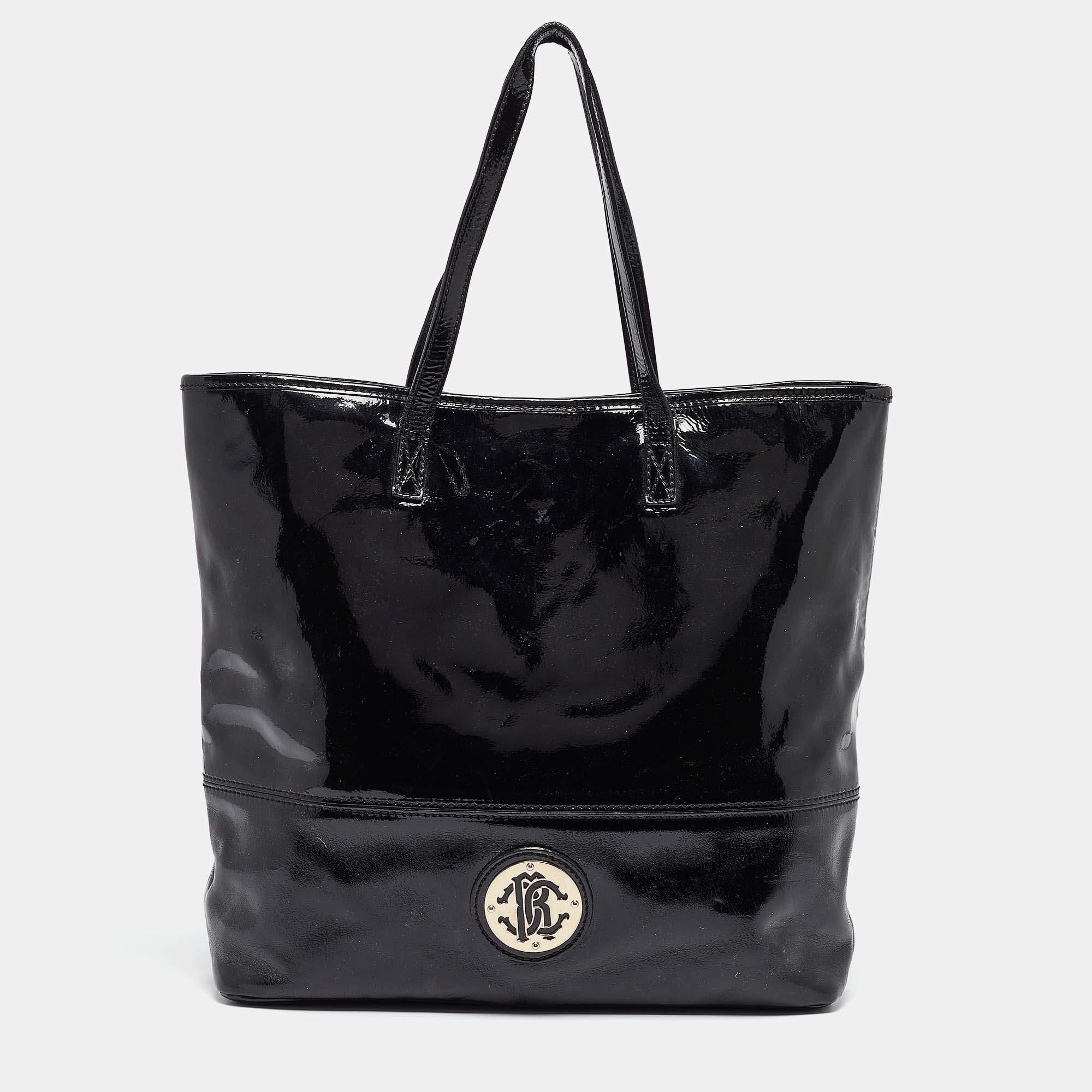 Pre Owned Roberto Cavalli Black Patent Leather Logo Tote