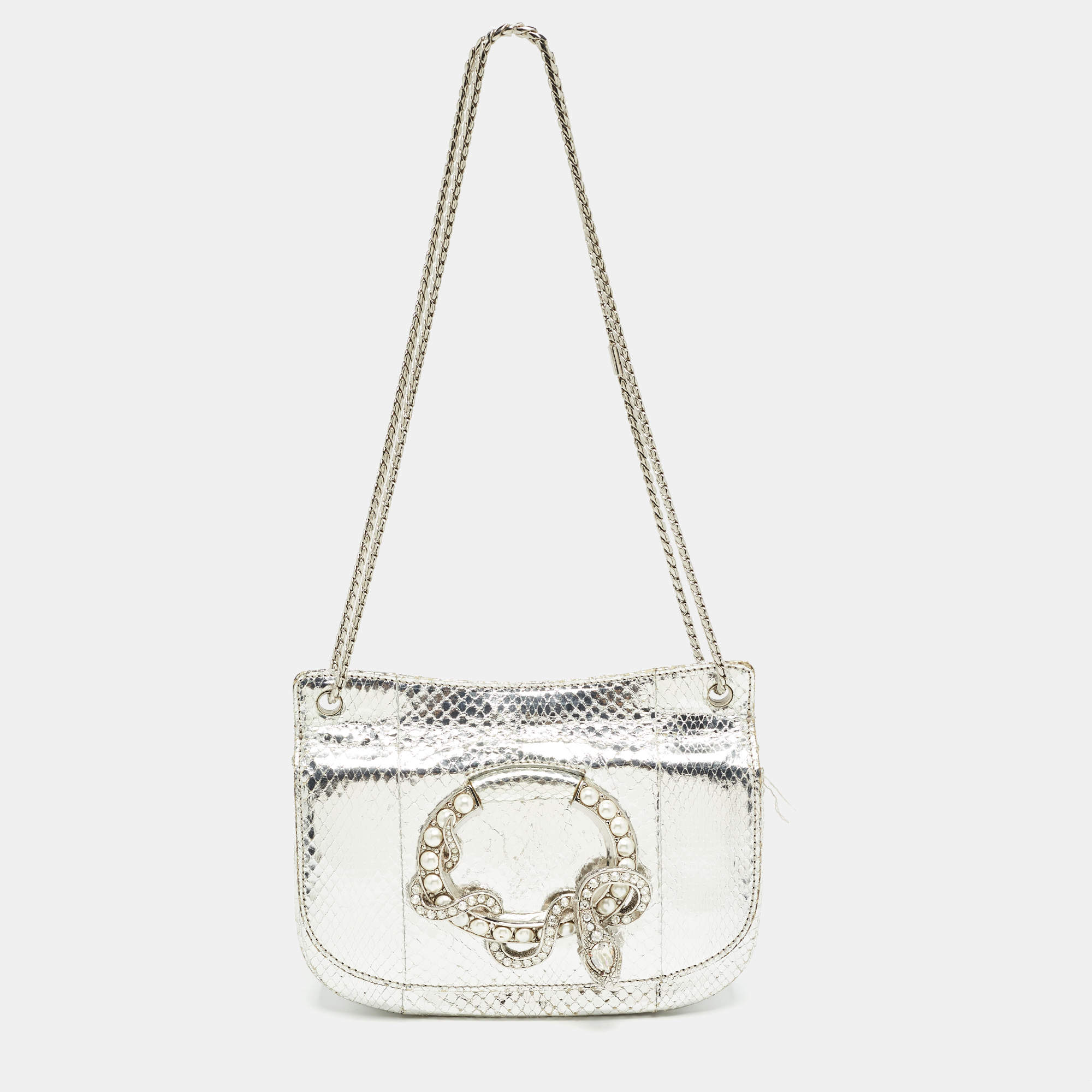 Pre Owned Roberto Cavalli Silver Laminated Snakeskin Leather Embellished Shoulder Bag