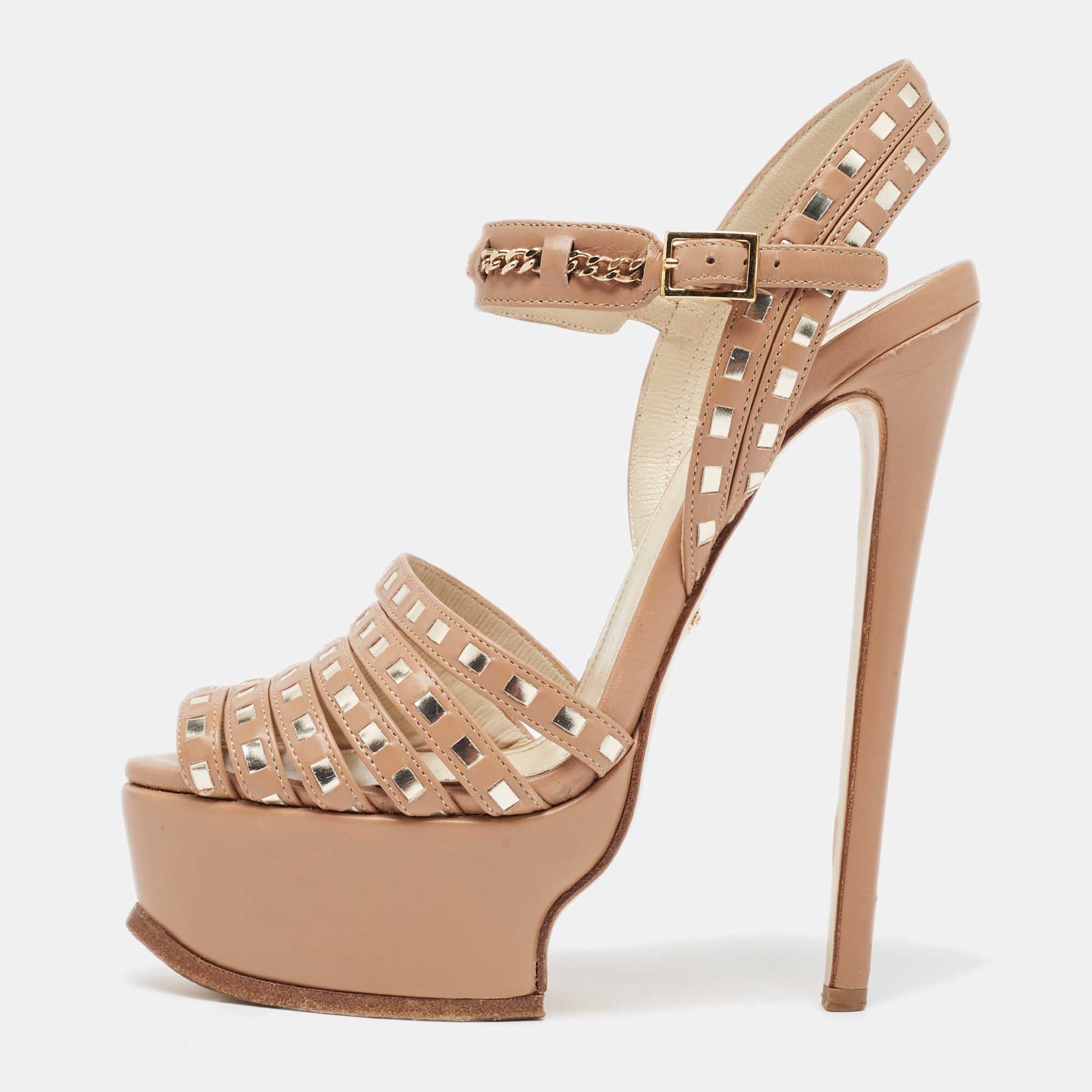 مملوكة مسبقًا Roberto Cavalli Beige Leather Peep Toe Ankle Strap Sandals Size 37