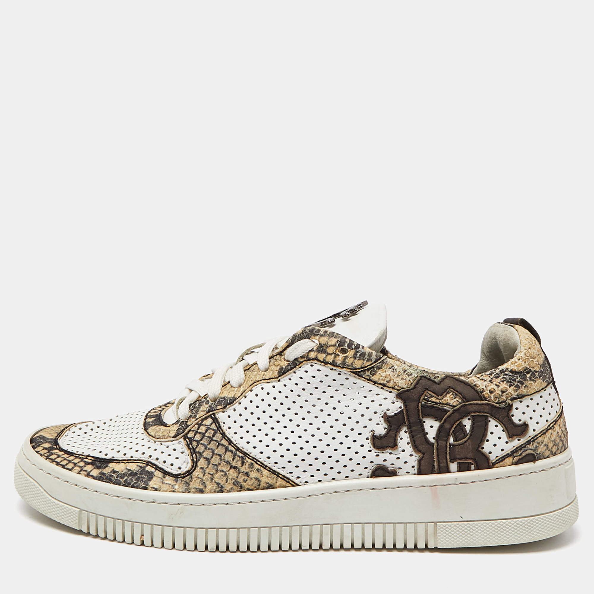 Roberto Cavalli White/Beige Perforated Python Embossed Leather Low Top Sneakers Size 40