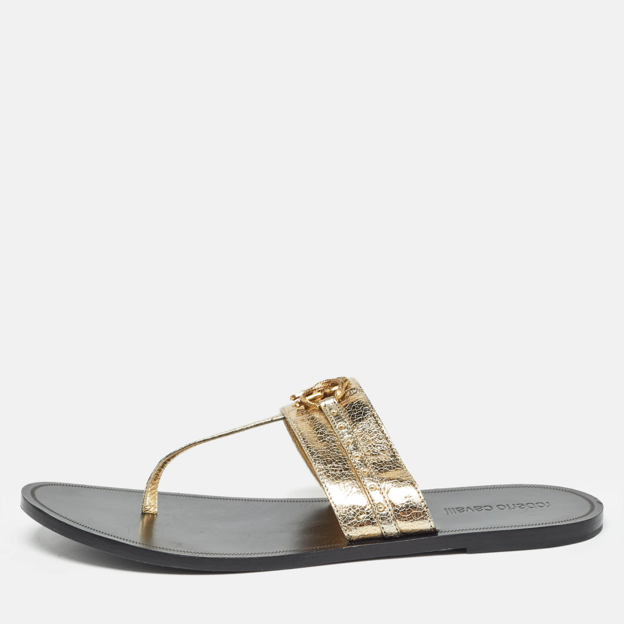 Roberto Cavalli Gold Crackled Leather Flat Slides Size 40