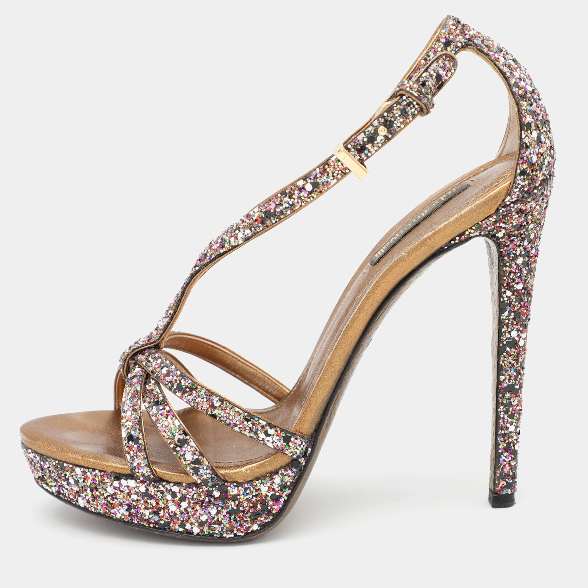 Roberto Cavalli Multicolor Glitter Ankle Strap Sandals Size 37