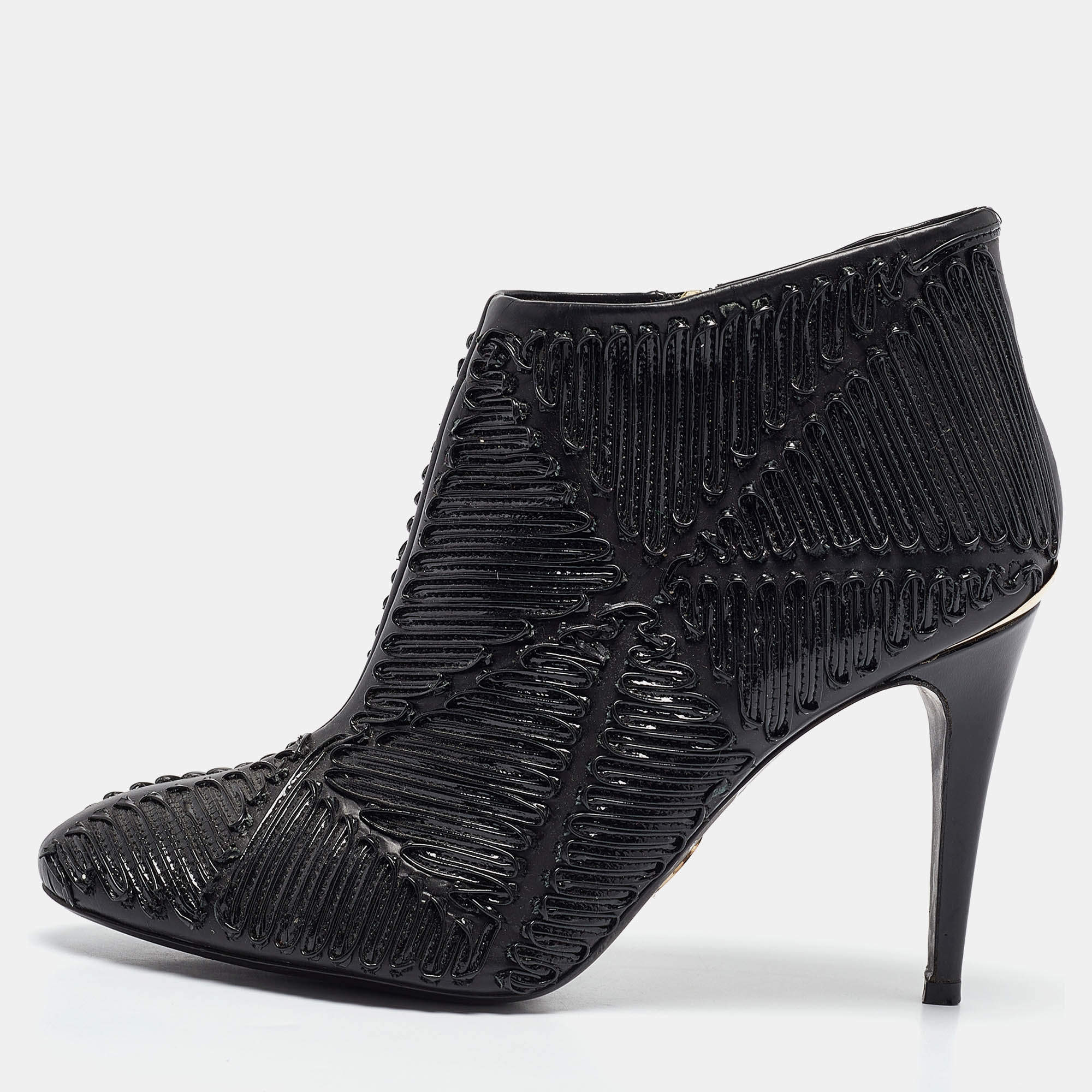 Pre Owned Roberto Cavalli Black Textured Leather Ankle Booties Size 40