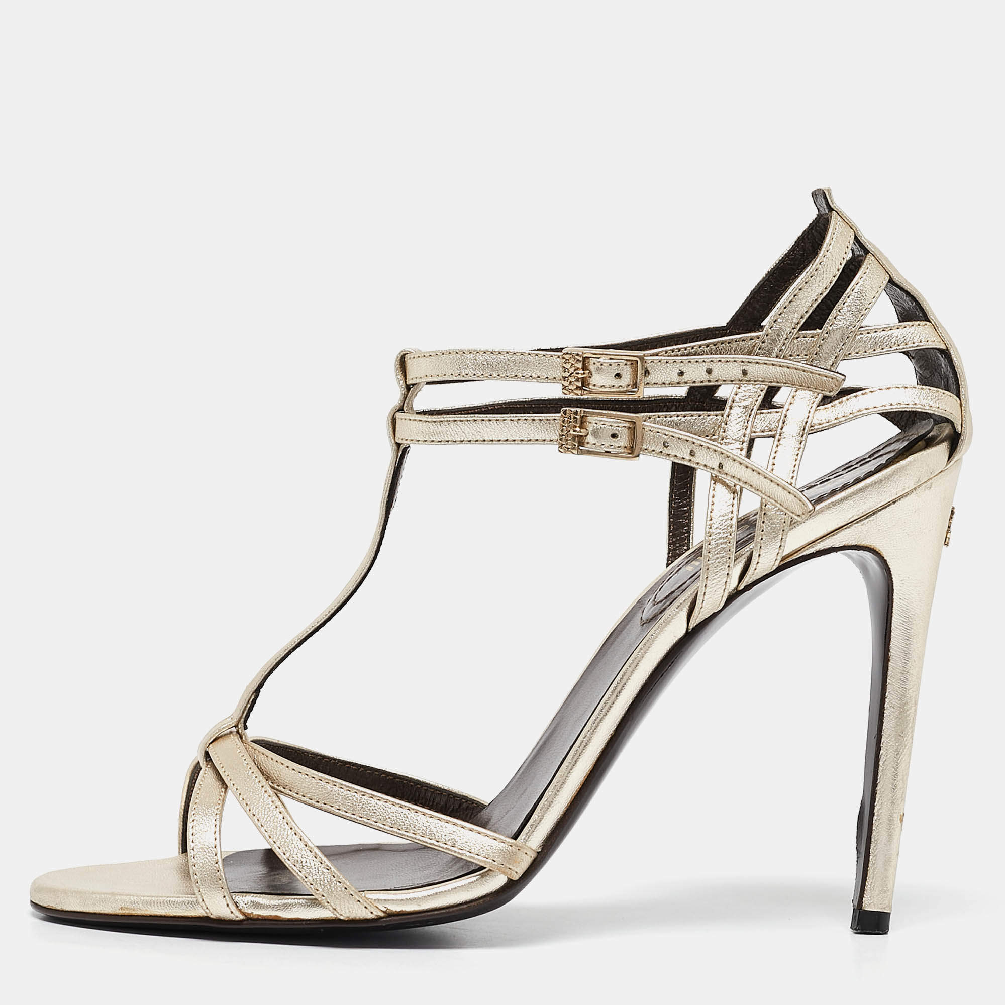 Pre Owned Roberto Cavalli Metallic Gold Leather Ankle Strap Sandals Size 40