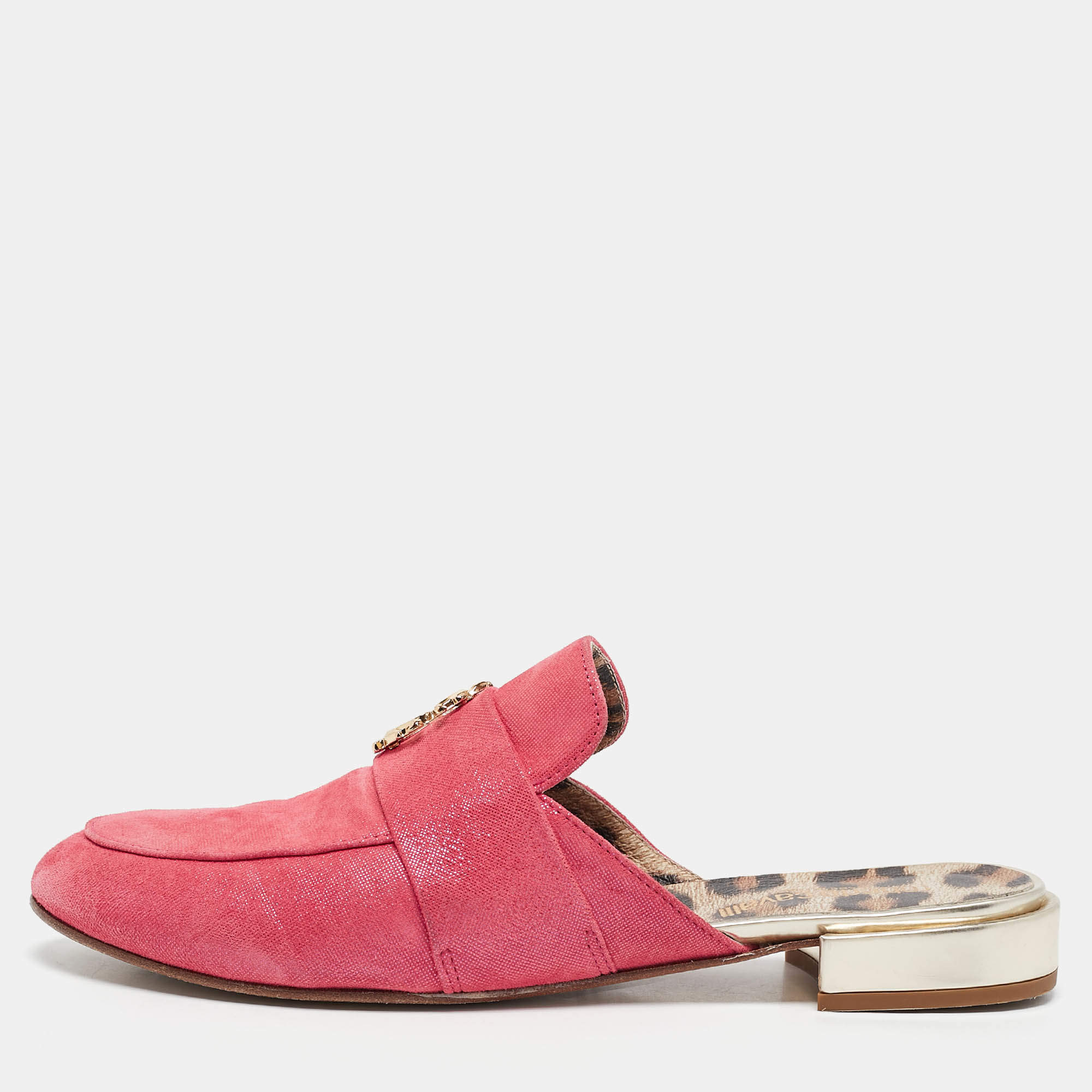 Roberto Cavalli Pink Nubuck Leather Logo Mules Size 38