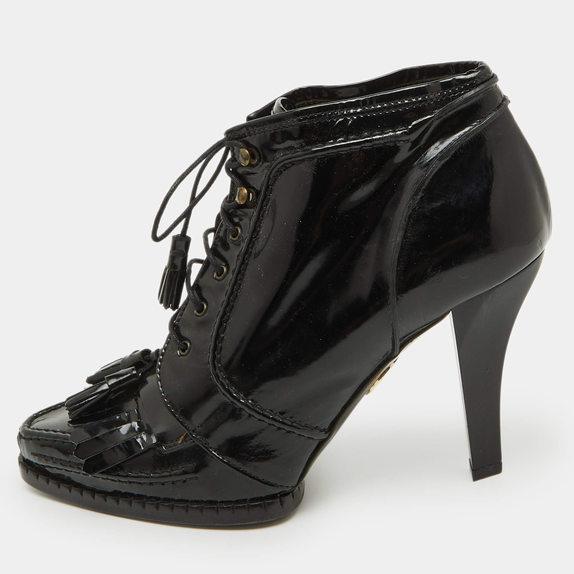 Roberto Cavalli Black Patent Leather Fringe Ankle Length Boots Size 39
