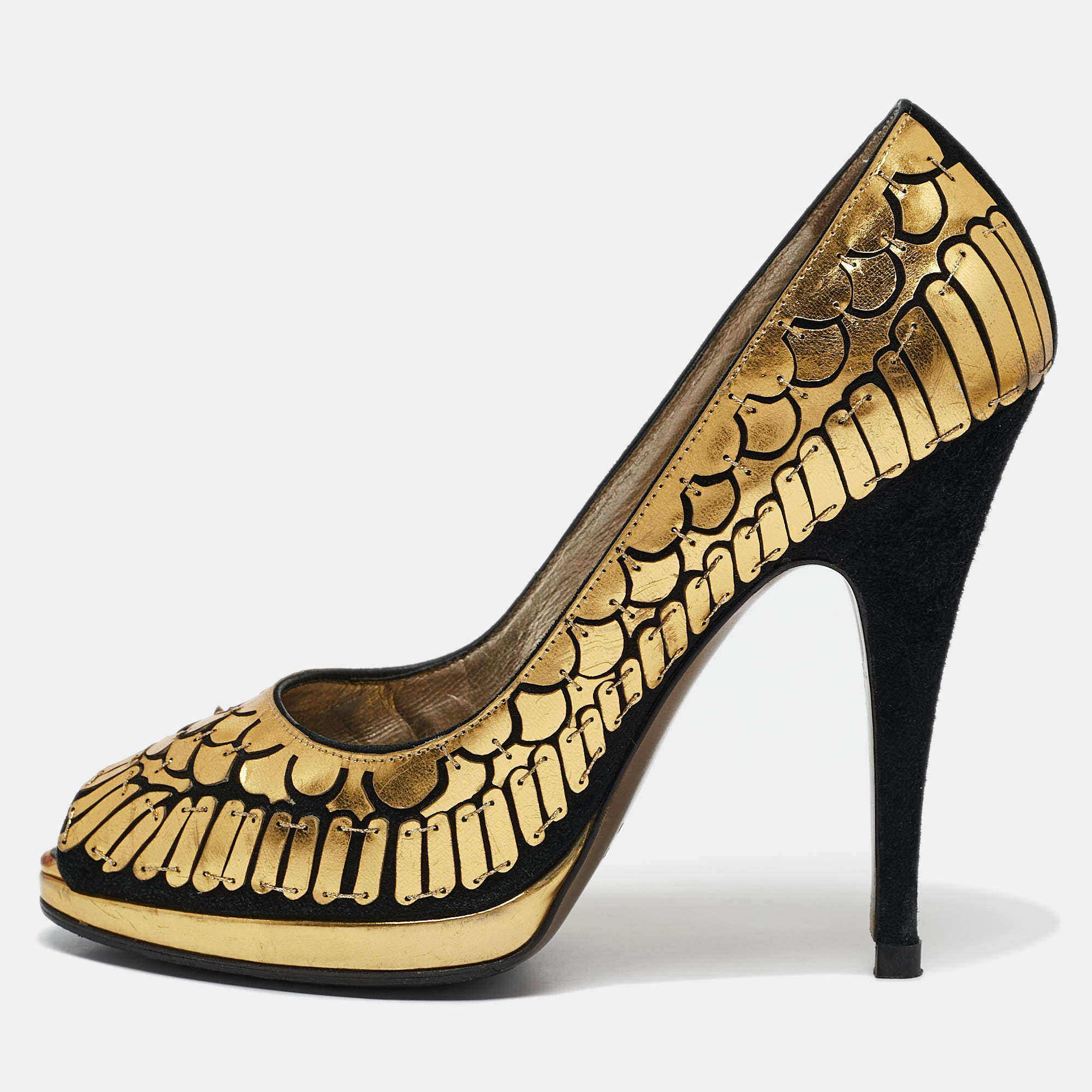 Roberto Cavalli Gold/Black Suede Leather Fish Scale Peep Toe Platform Pumps Size 40