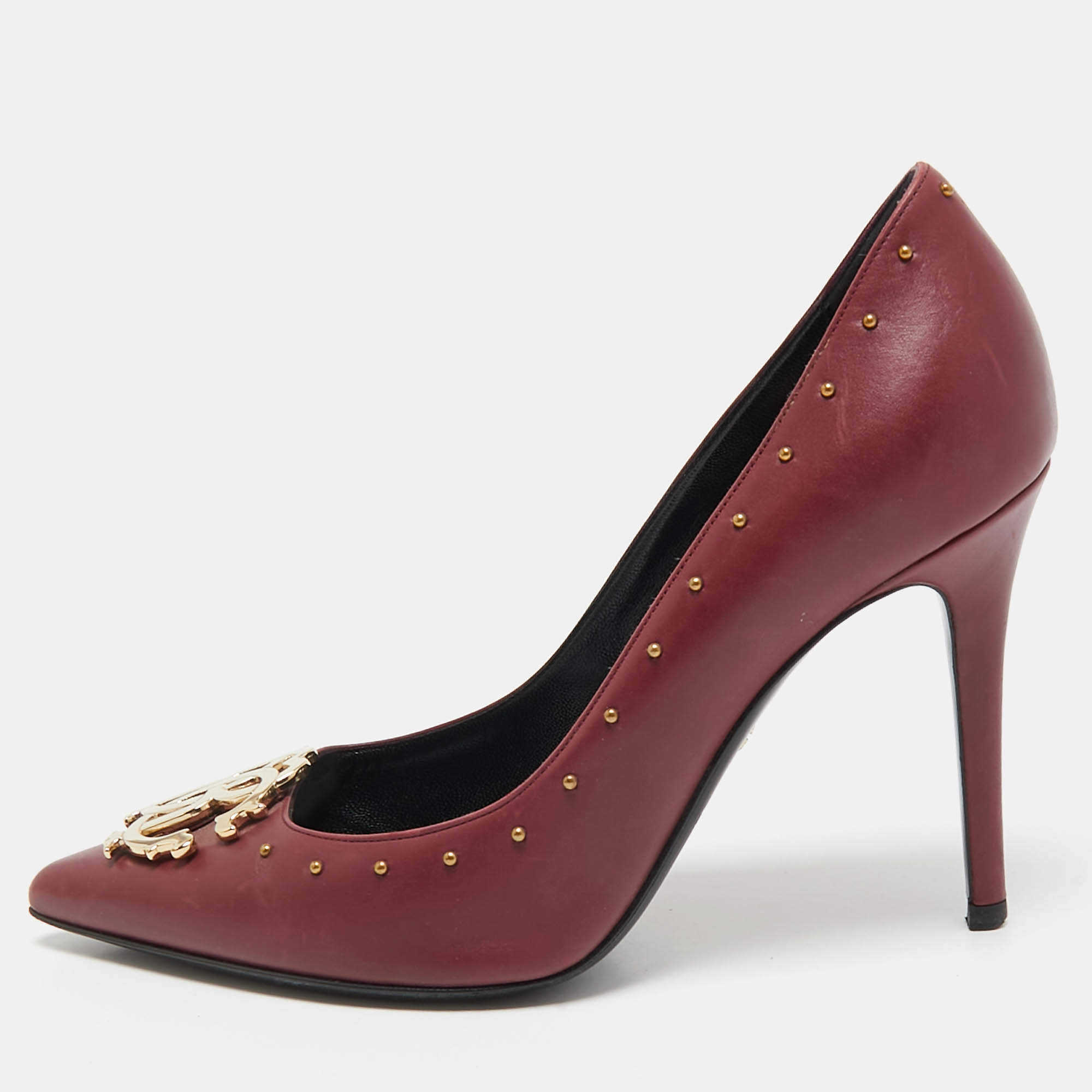 Roberto Cavalli Burgundy Leather Embellished Pointed Toe Pumps Size 38