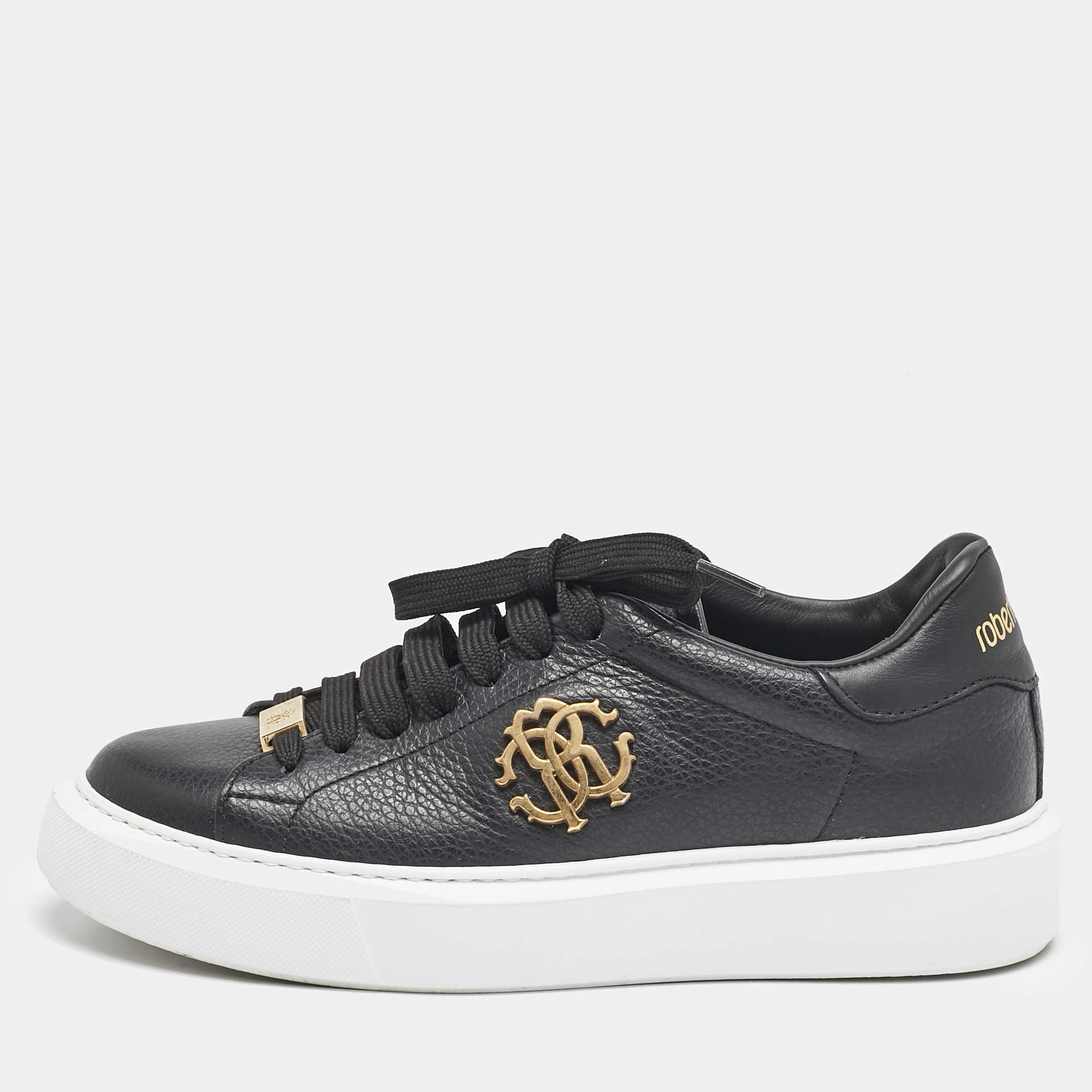 Roberto Cavalli Black Leather Low Top Sneakers Size 37
