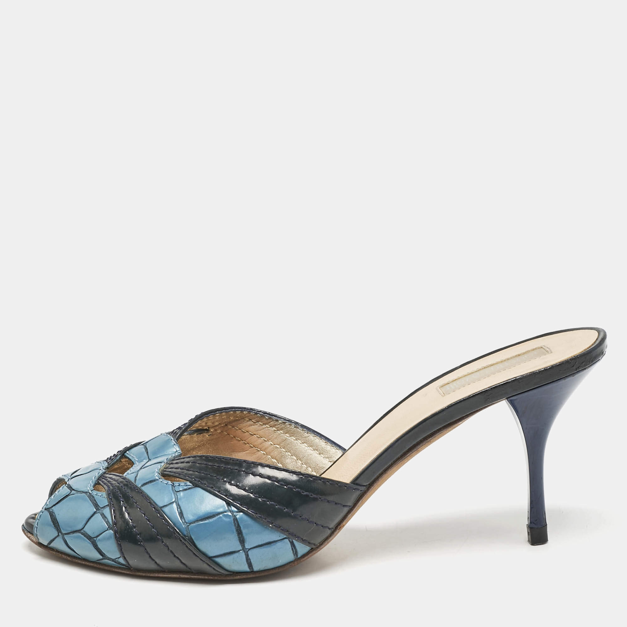 Roberto Cavalli Blue/Black Croc Embossed and Vintage Leather Slide Sandals Size 38