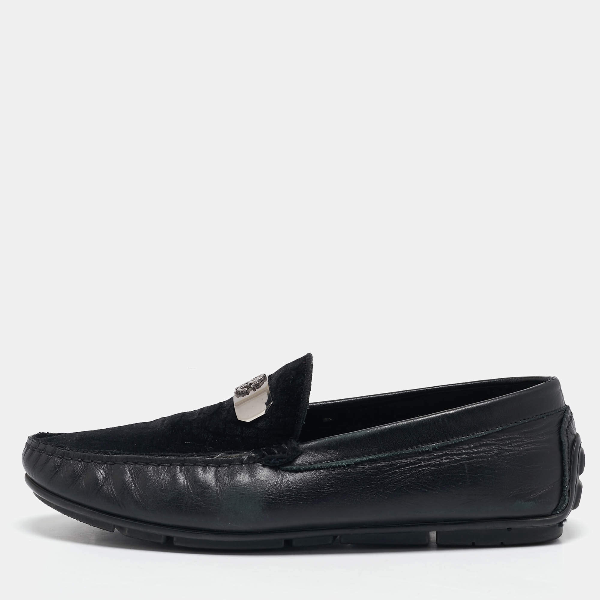 Roberto Cavalli Black Leather and Velvet Slip On Loafers Size 41.5