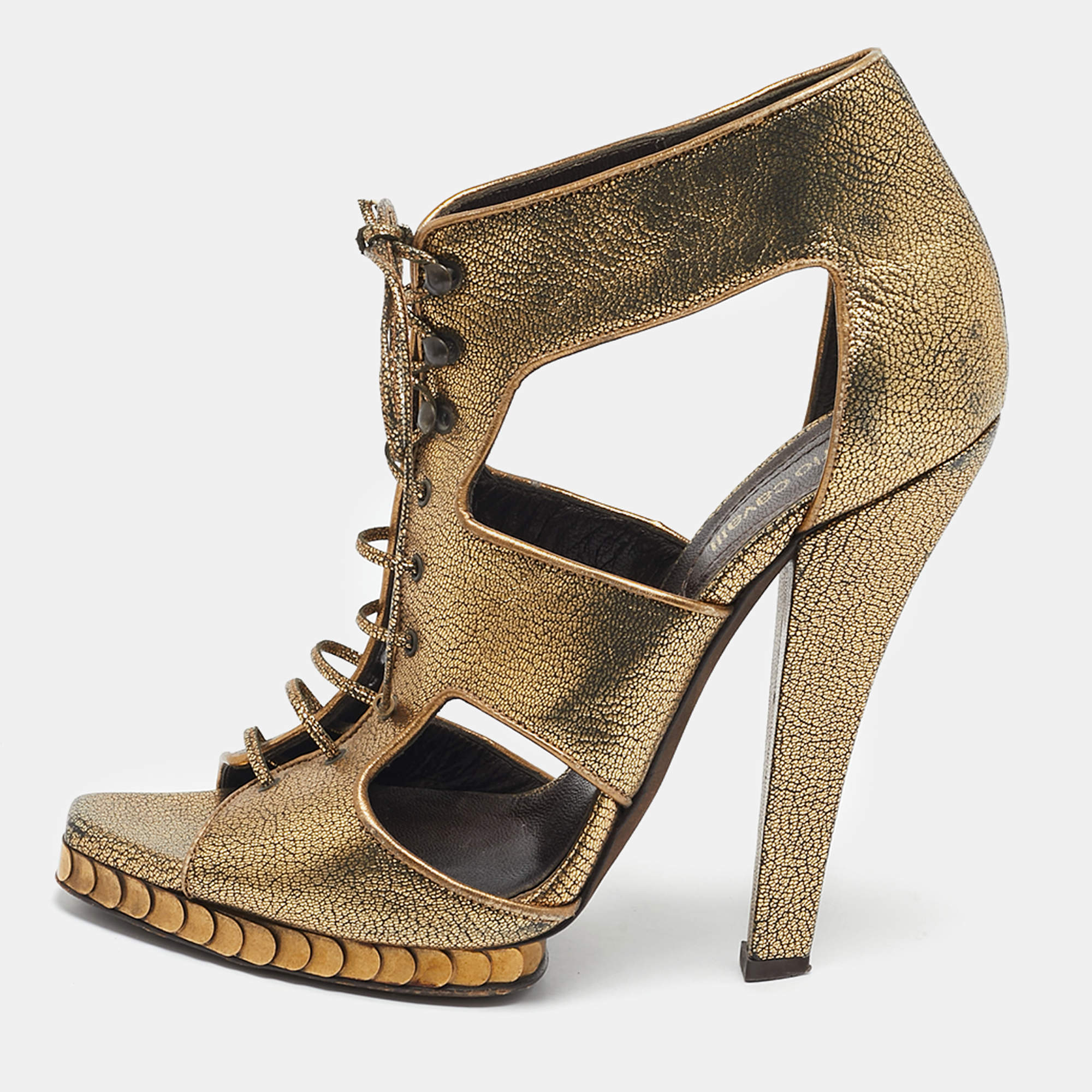Roberto Cavalli Gold Leather Cut Out Lace Up Booties Size 39