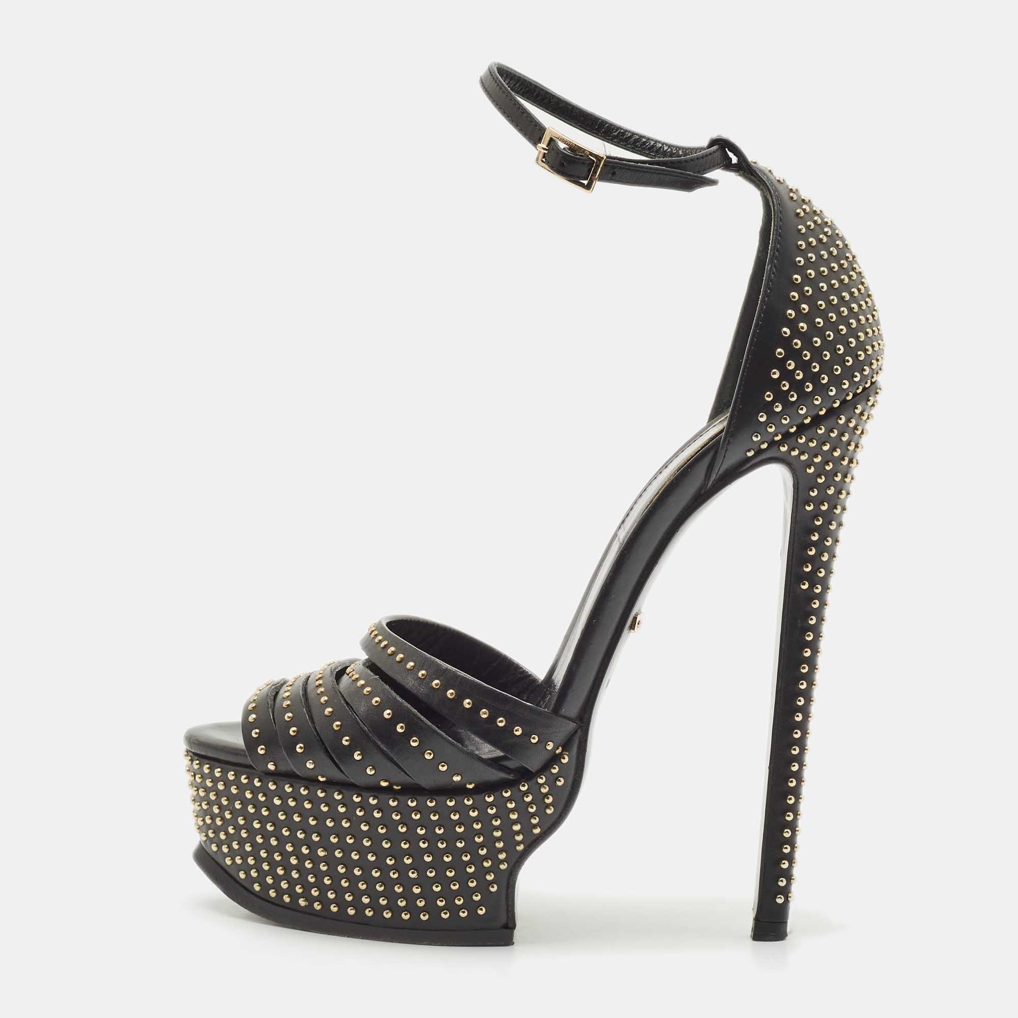 Pre Owned Roberto Cavalli Black Leather Studded Platform Sandals Size 36