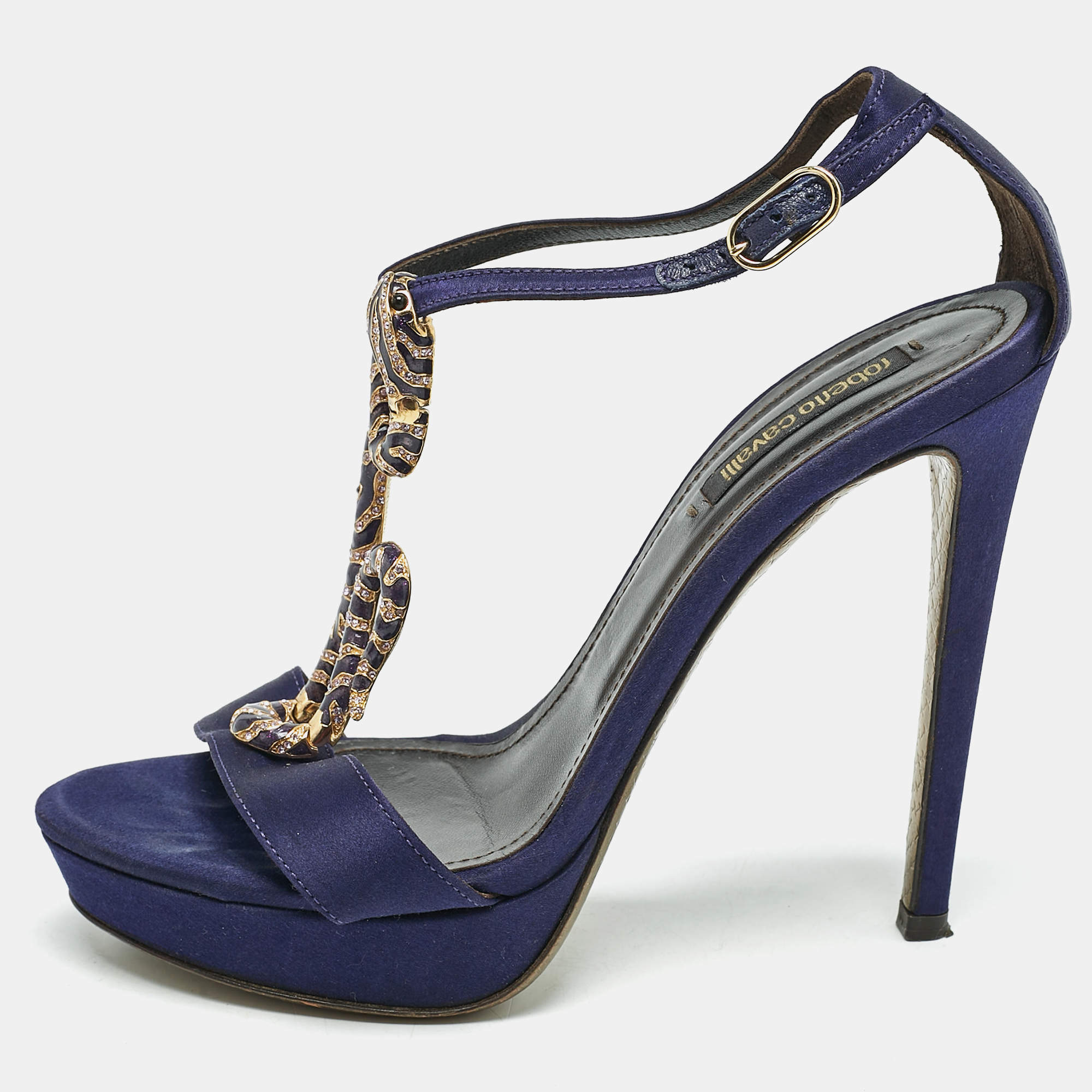 Pre Owned Roberto Cavalli Purple Satin Snake Embellished T-Strap Sandals Size 36