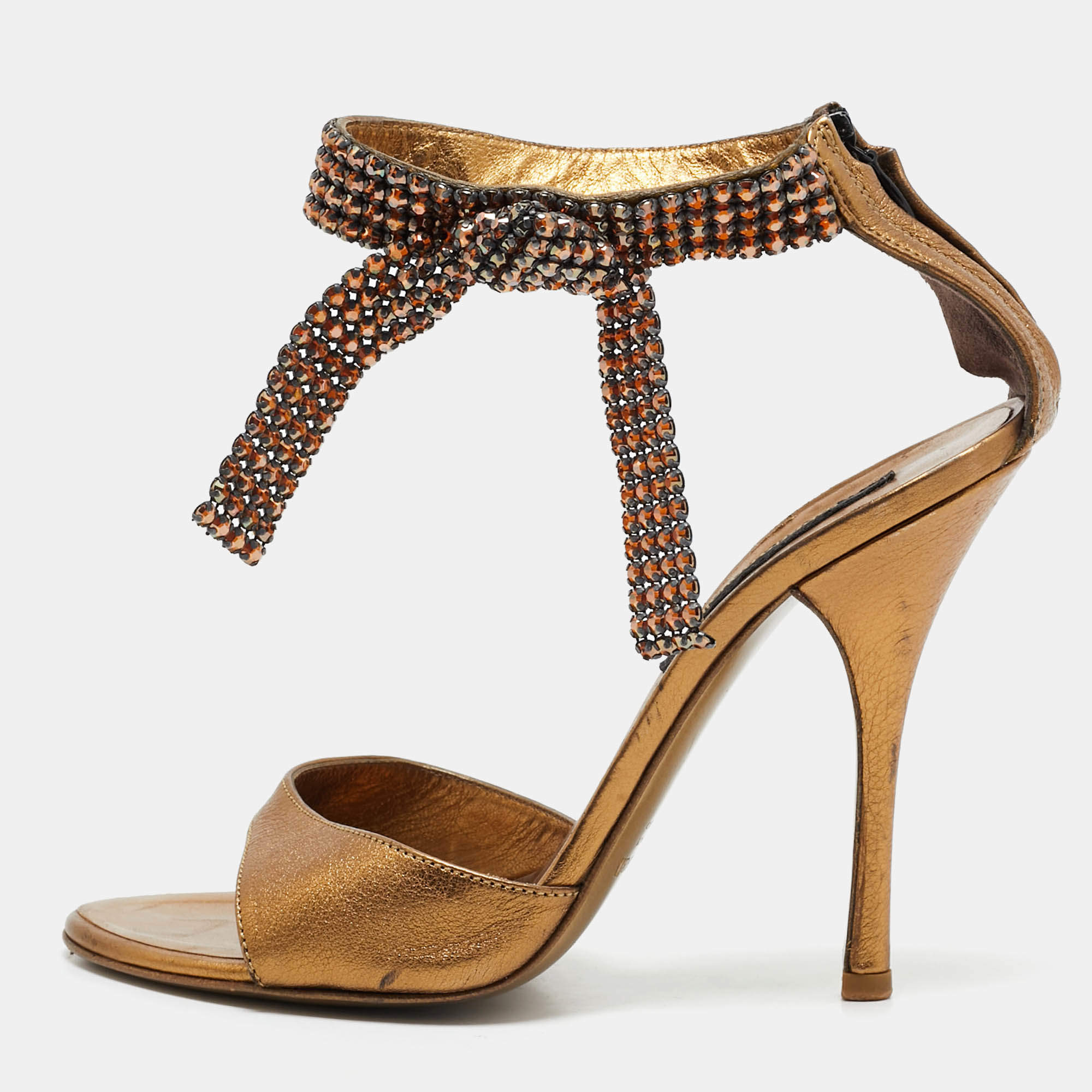 Roberto Cavalli Gold Leather Crystal Embellished Ankle Strap Sandals Size 36