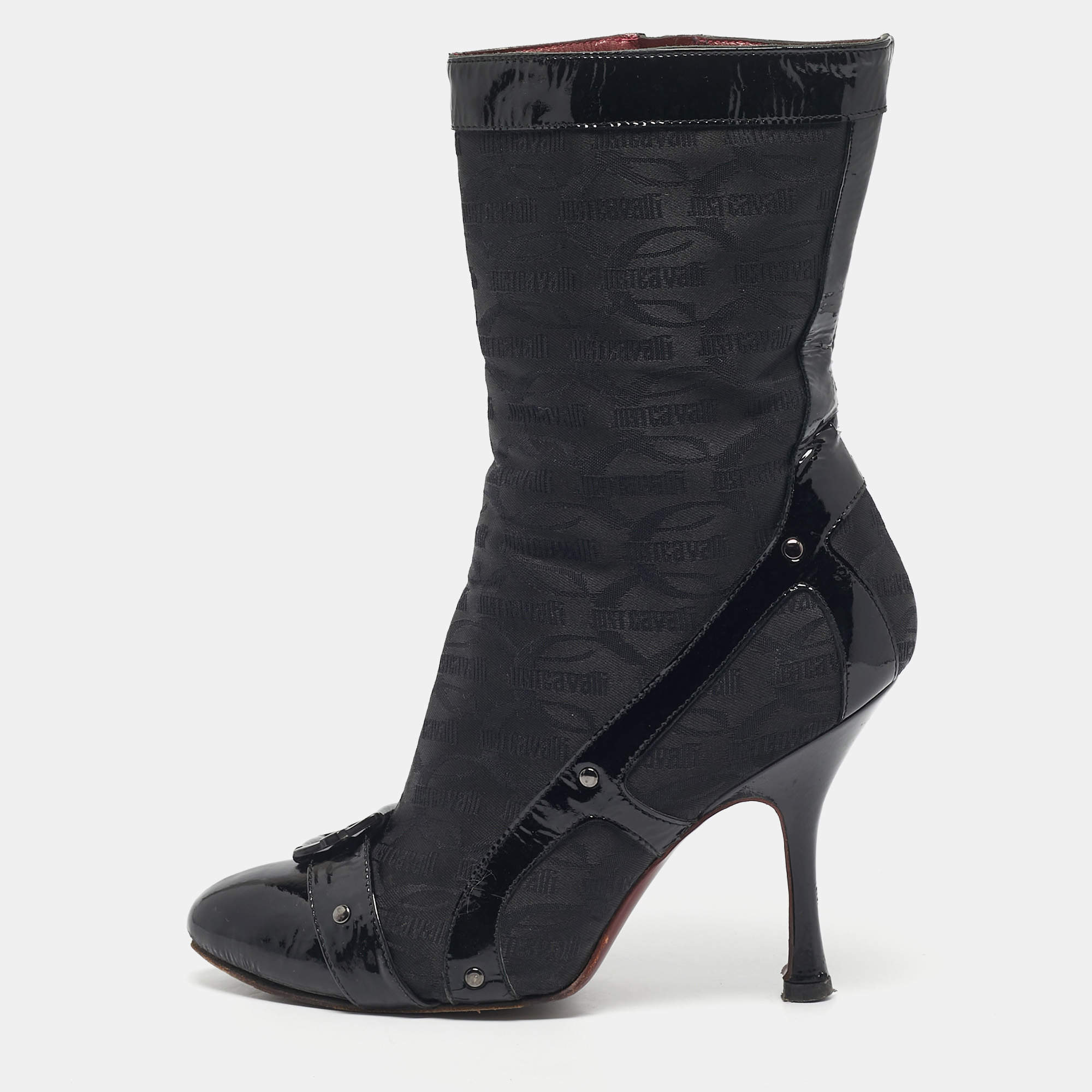 Pre Owned Roberto Cavalli Black Monogram Nylon and Patent Leather Buckle Ankle Length Boots Size 37