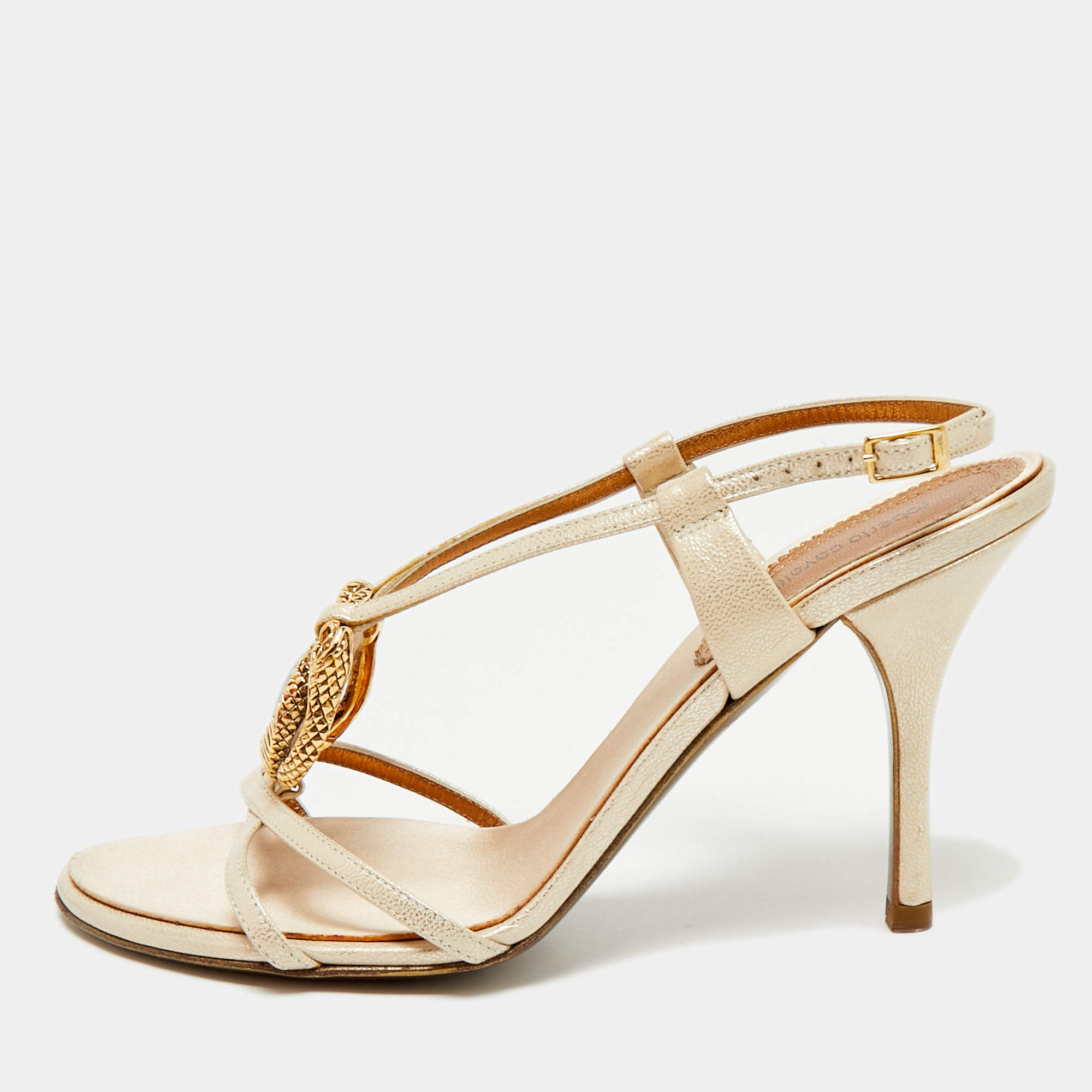 Pre Owned Roberto Cavalli Beige Leather Crystals Embellished Ankle Strap Sandals Size 39