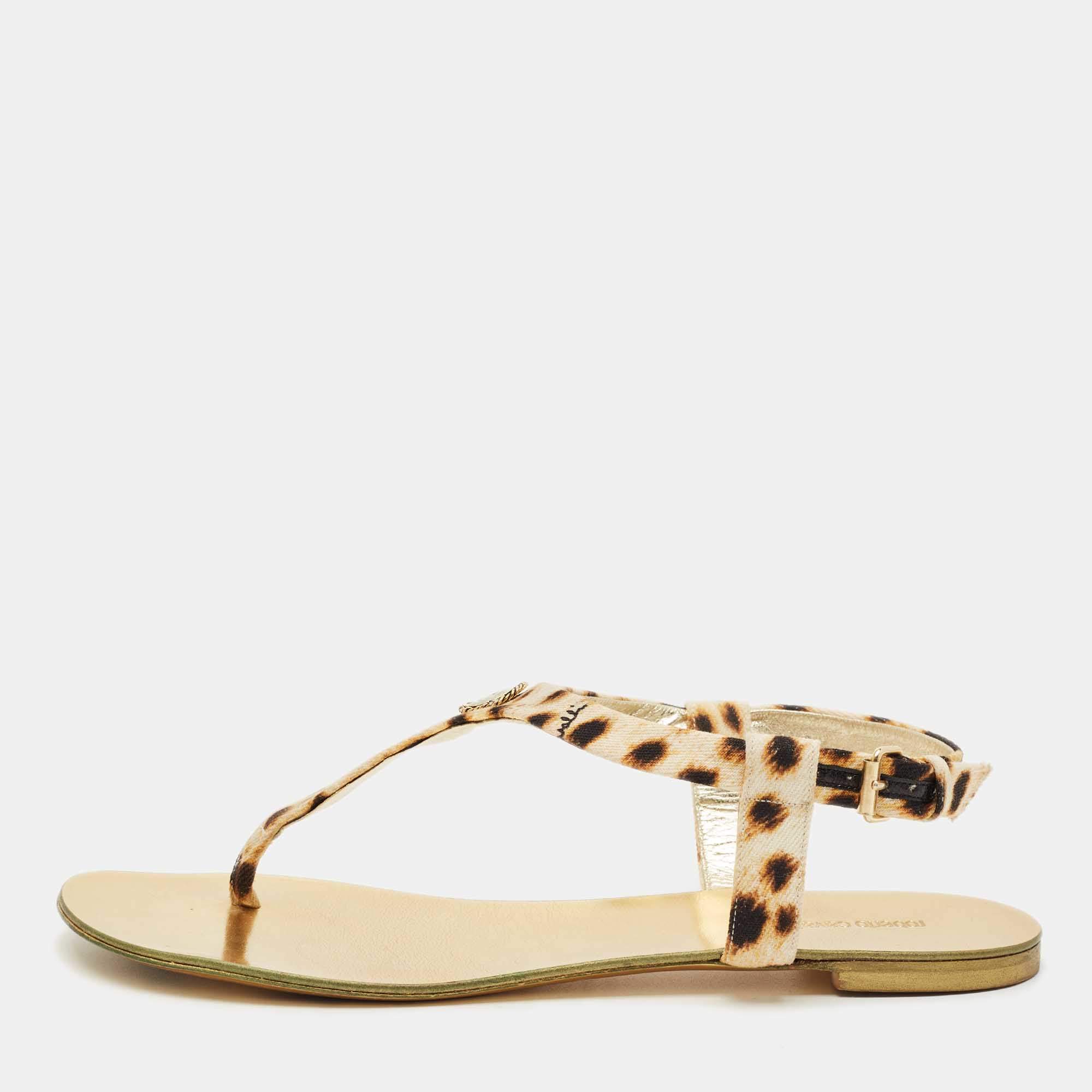 Pre Owned Roberto Cavalli Two Tone Canvas Thong Flat Slides Size 39