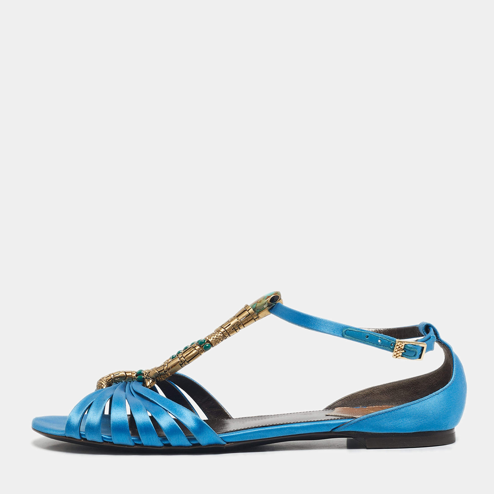Pre Owned Roberto Cavalli Blue Satin snake Logo T-Strap Flat Sandals Size 39