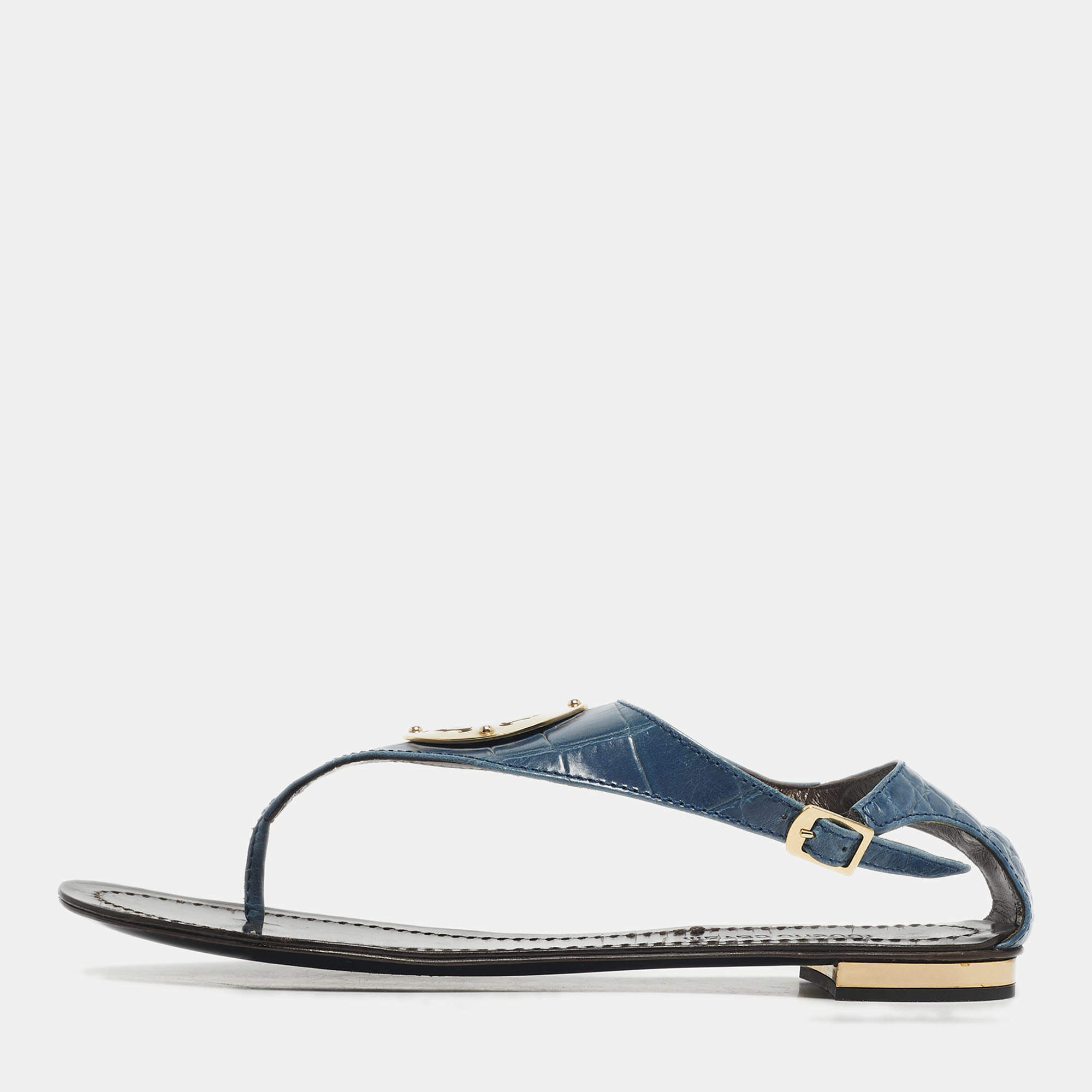 Pre Owned Roberto Cavalli Blue Croc Embossed Leather Thong Ankle Strap Flat Sandals Size 39