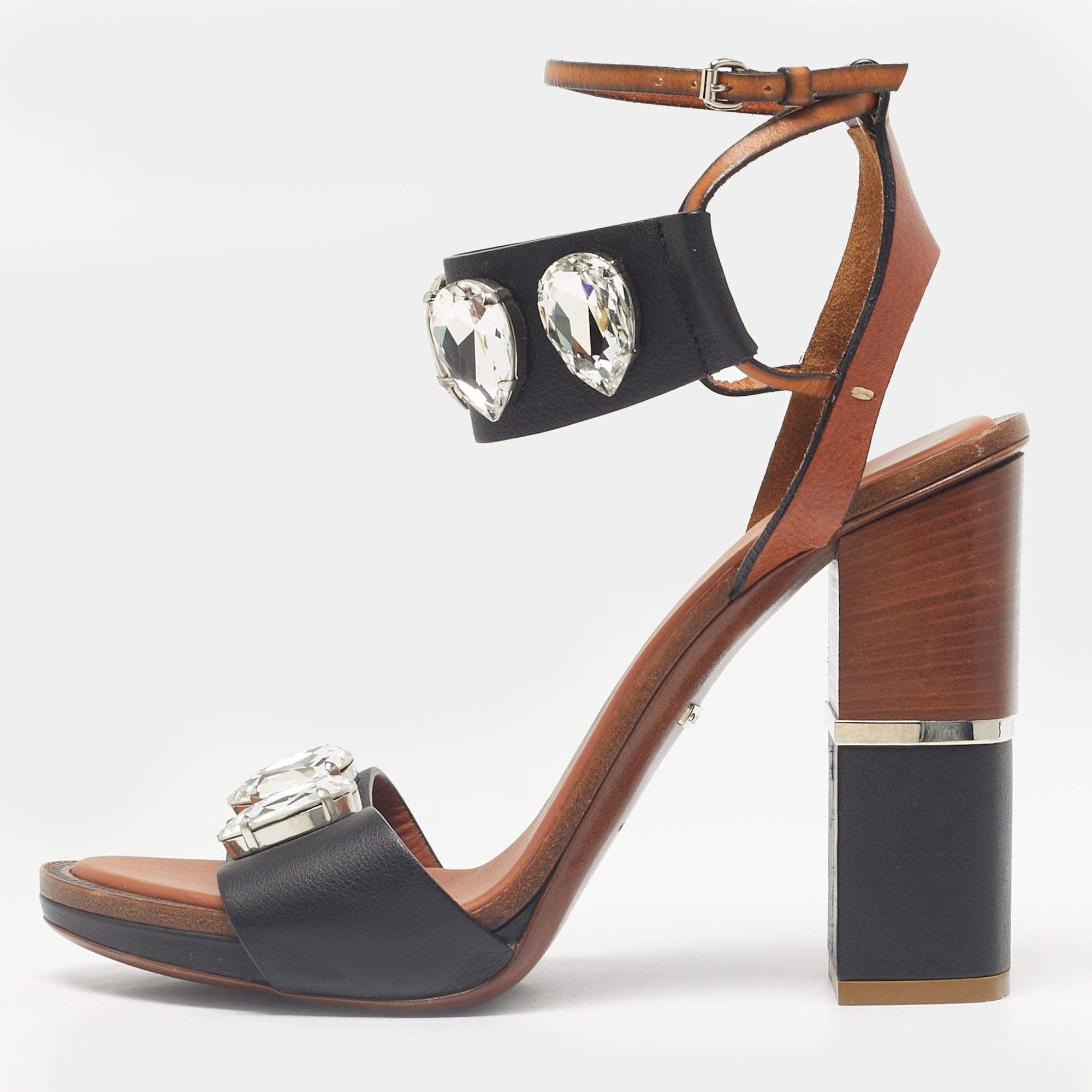 Pre Owned Roberto Cavalli Brown/Black Leather Crystal Embellished Ankle Strap Sandals Size 38