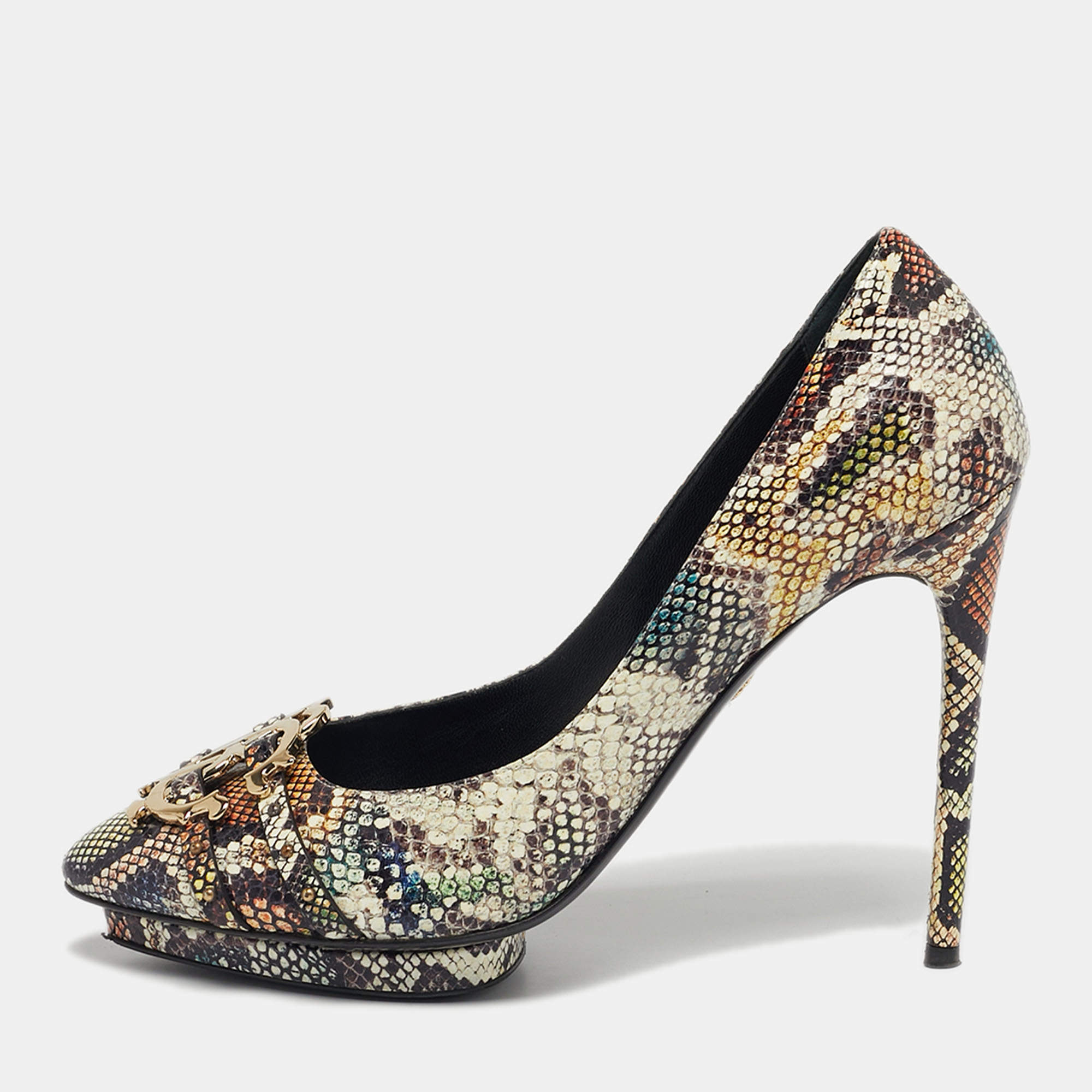 مملوكة مسبقًا Roberto Cavalli Size 41 Multicolor Python Embossed Leather Pointed Toe Platform Pumps