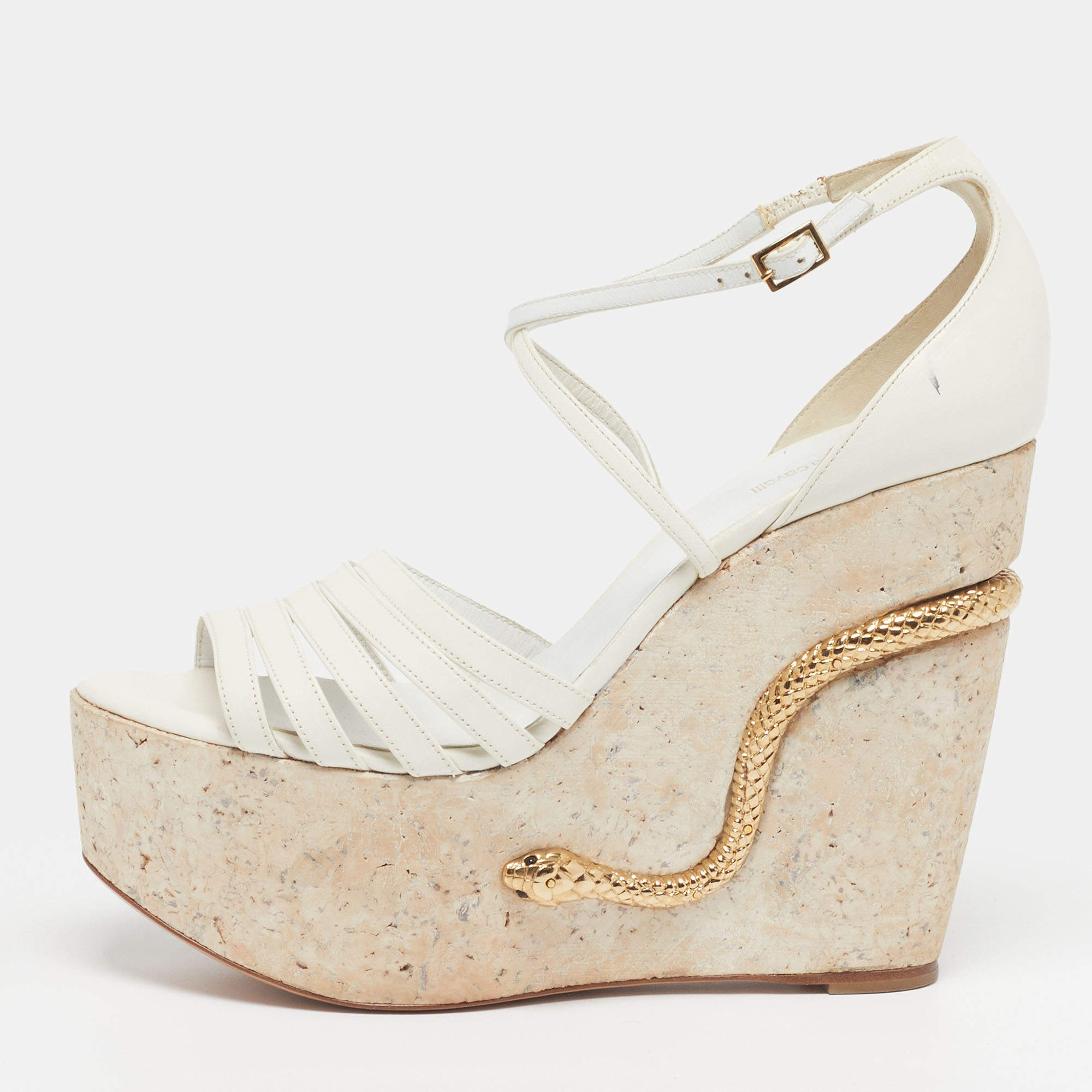 Pre Owned Roberto Cavalli Size 40 White Leather Snake Detail Cork Platform Wedge Sandals