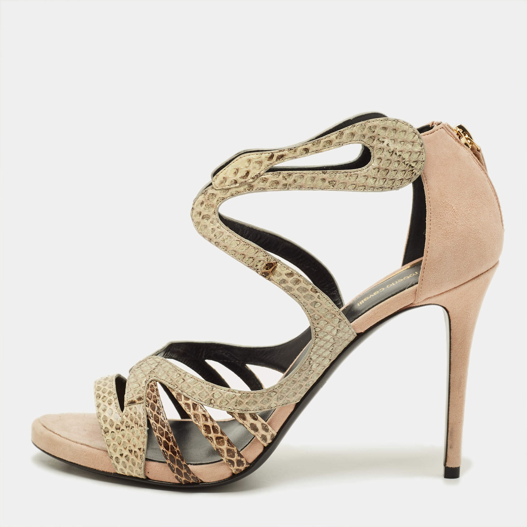 Pre Owned Roberto Cavalli Size 40 Beige/Brown Python Leather and Suede Ankle Strap Sandals
