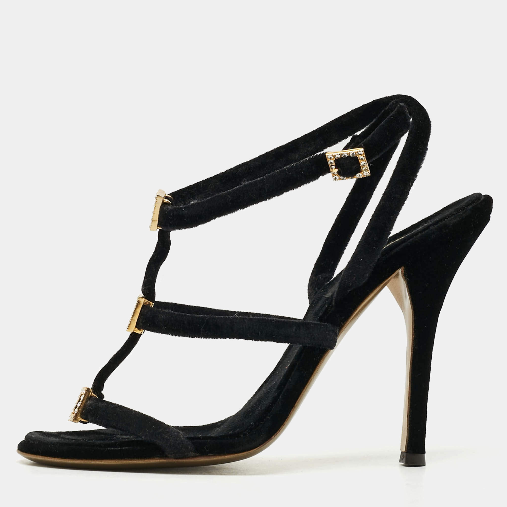 Pre Owned Roberto Cavalli Size 38 Black Velvet Crystal Embellished Strappy Ankle Strap Sandals  